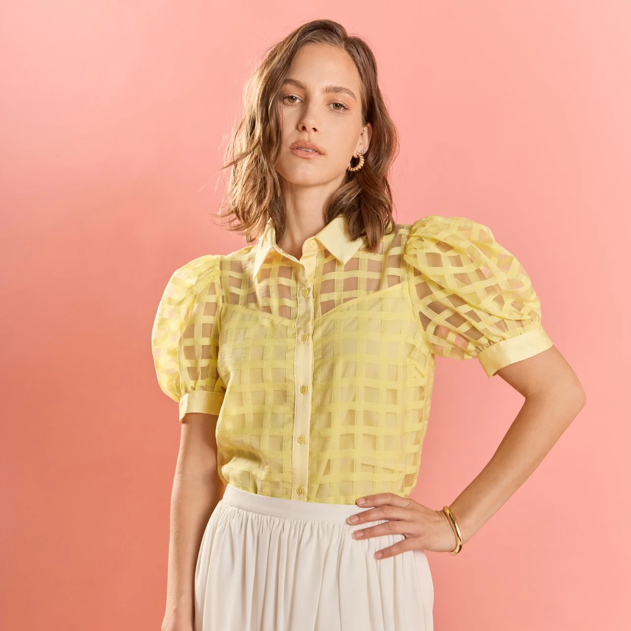 Short Sleeve Organza Grid Blouse - Image 40