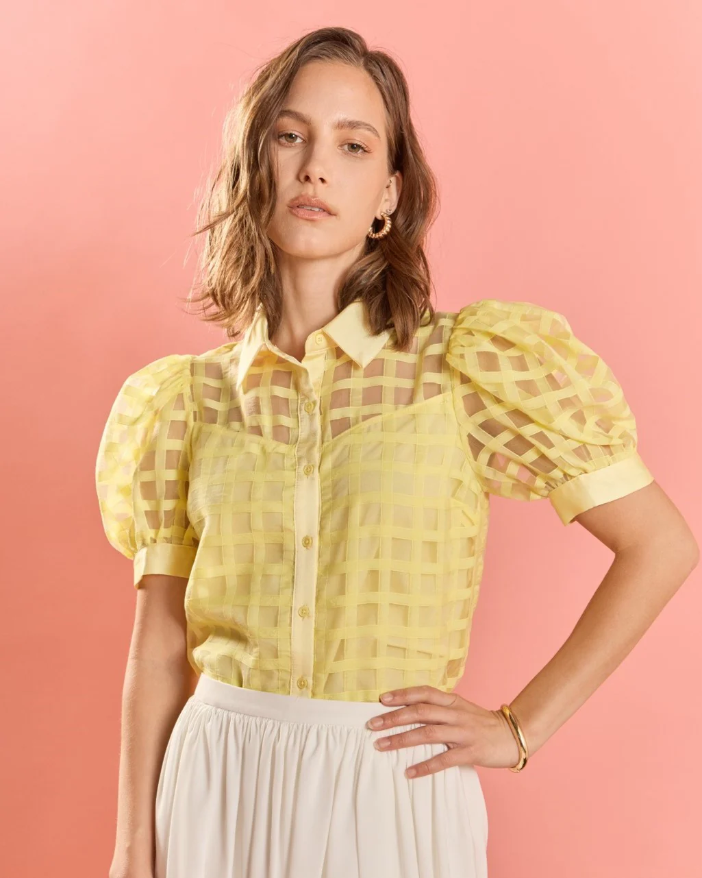 Short Sleeve Organza Grid Blouse - Image 41