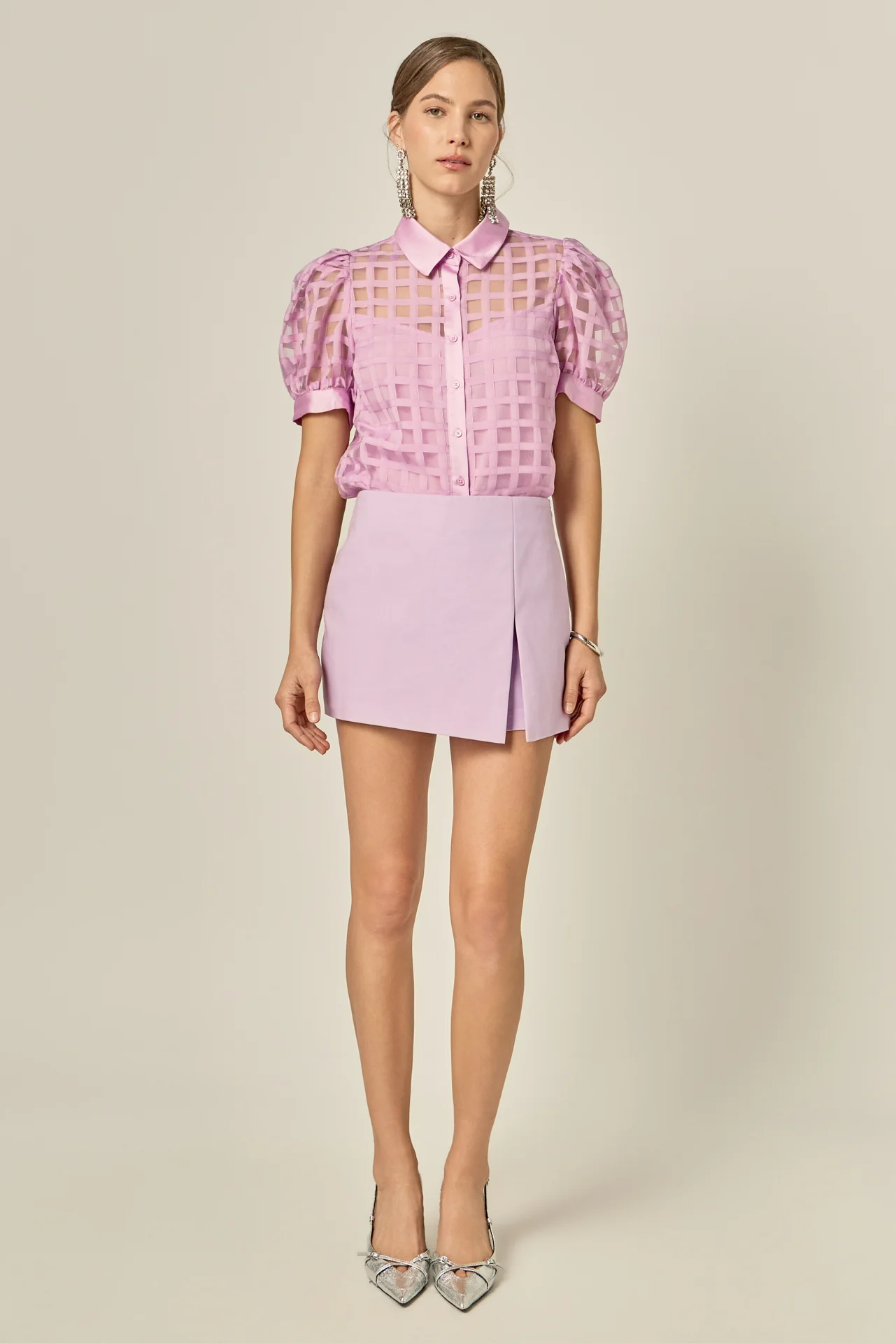 Short Sleeve Organza Grid Blouse - Image 8