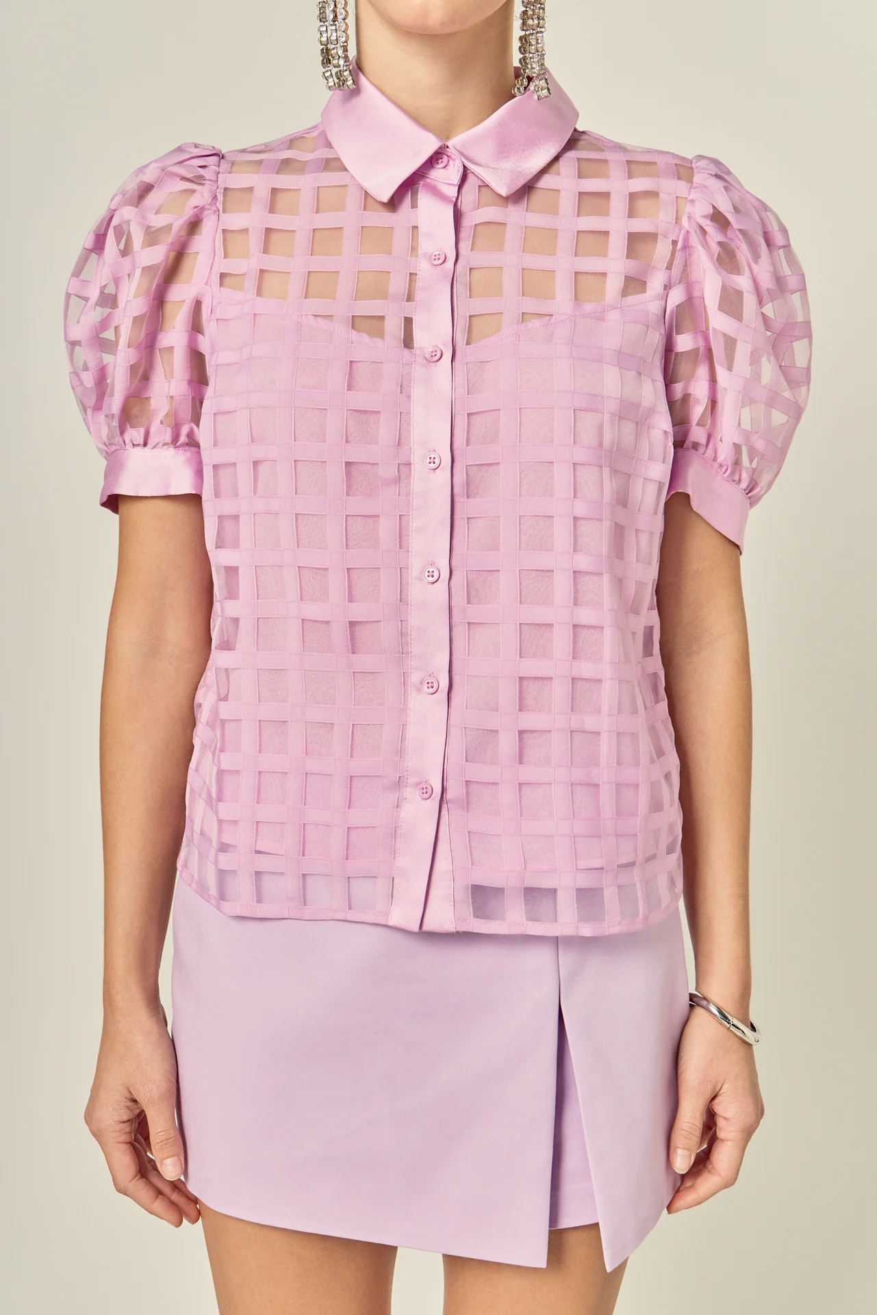 Short Sleeve Organza Grid Blouse - Image 9