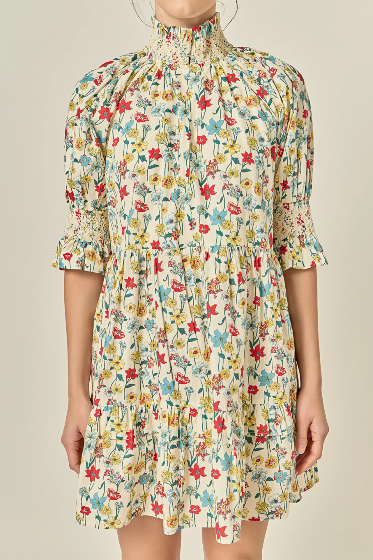 Smocked High Neck Puff Sleeve Mini Dress - Image 2