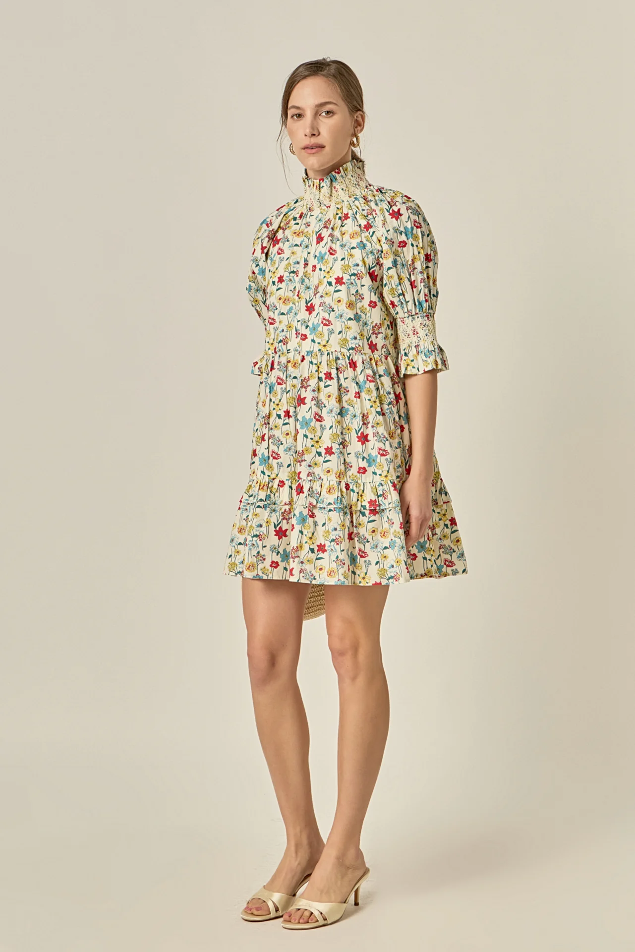 Smocked High Neck Puff Sleeve Mini Dress - Image 5