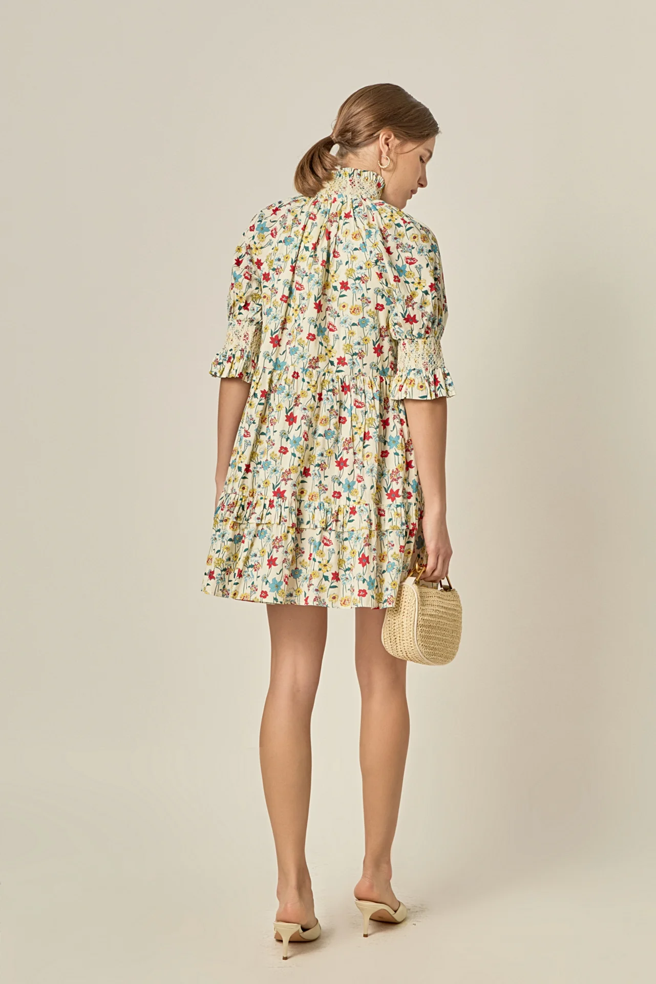 Smocked High Neck Puff Sleeve Mini Dress - Image 6