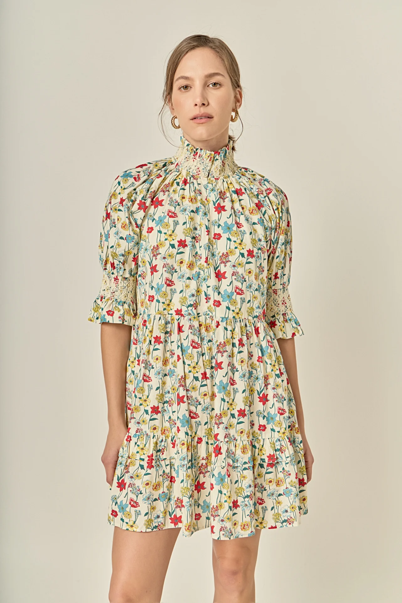 Smocked High Neck Puff Sleeve Mini Dress - Image 7
