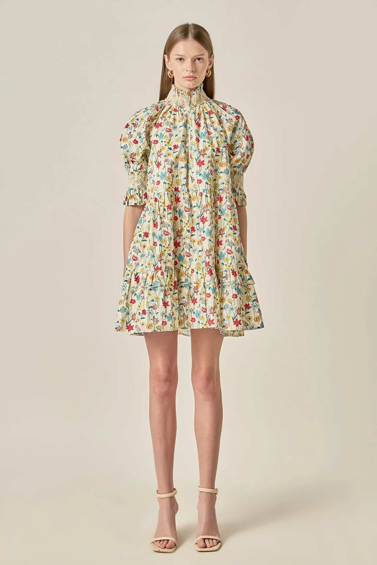 Smocked High Neck Puff Sleeve Mini Dress - Image 8
