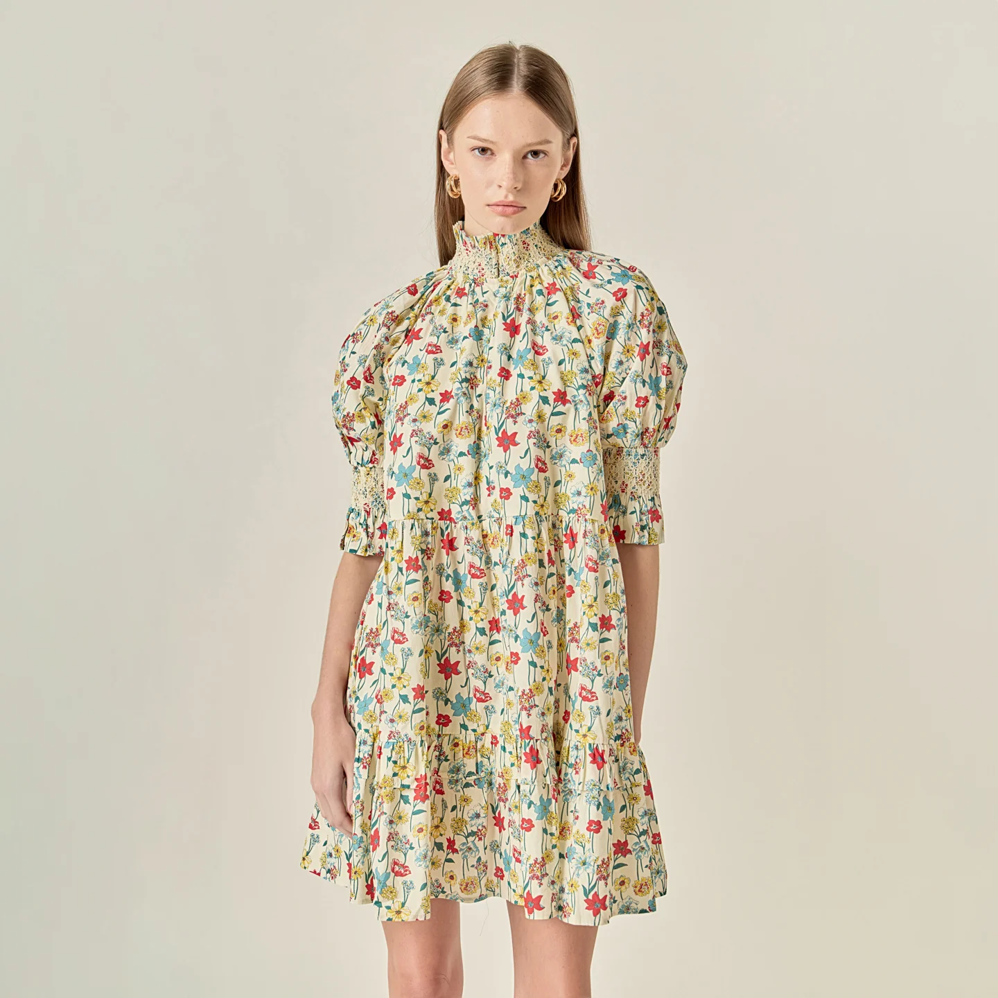 Smocked High Neck Puff Sleeve Mini Dress - Image 9
