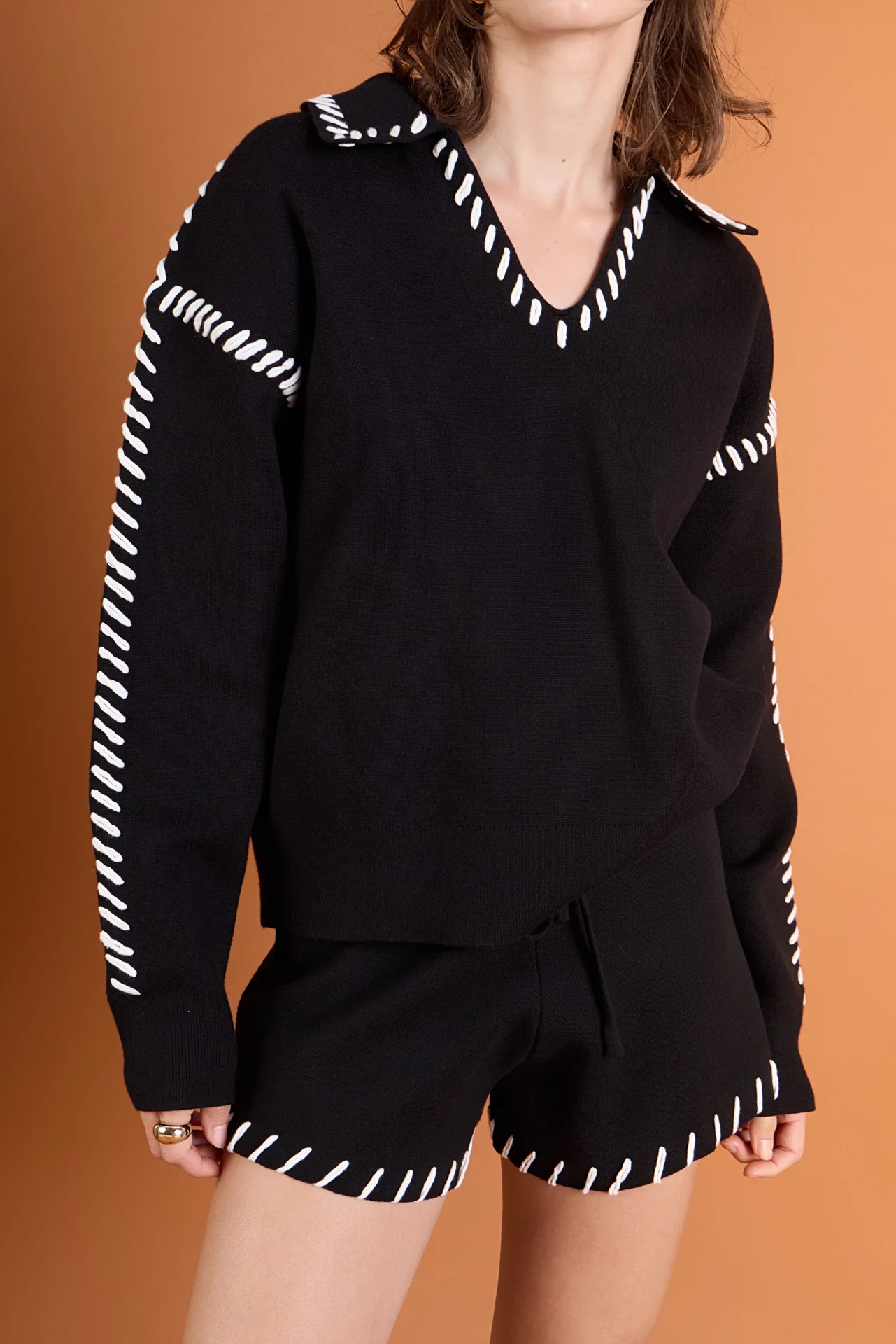 Stitch Detail Knit Collar Top - Image 2