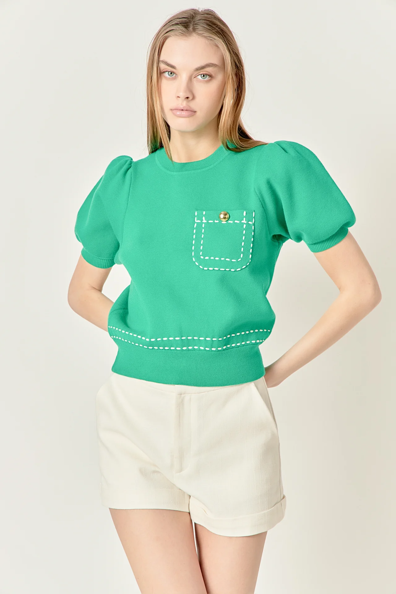 Puff Sleeve Stitch Detail Knit Top - Image 5