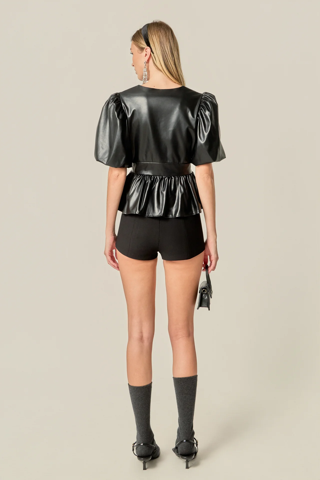 Faux Leather Peplum V-Neck Top - Image 4