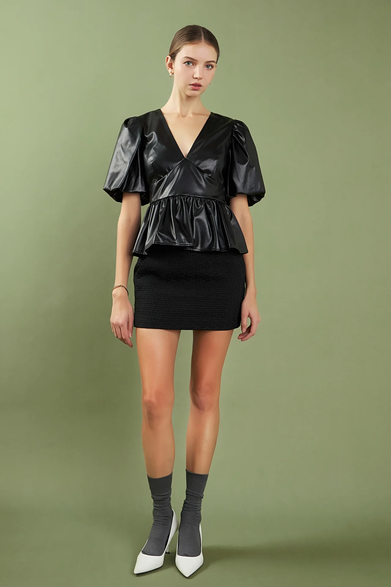 Faux Leather Peplum V-Neck Top - Image 6