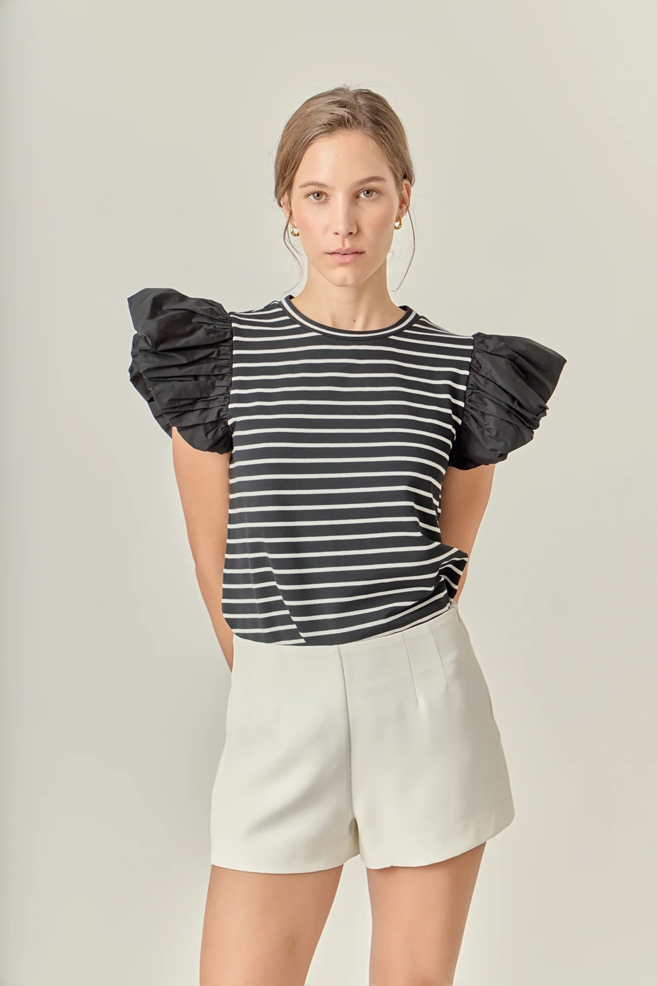 Stripe Knit with Poplin Puff Sleeve Top - Image 10