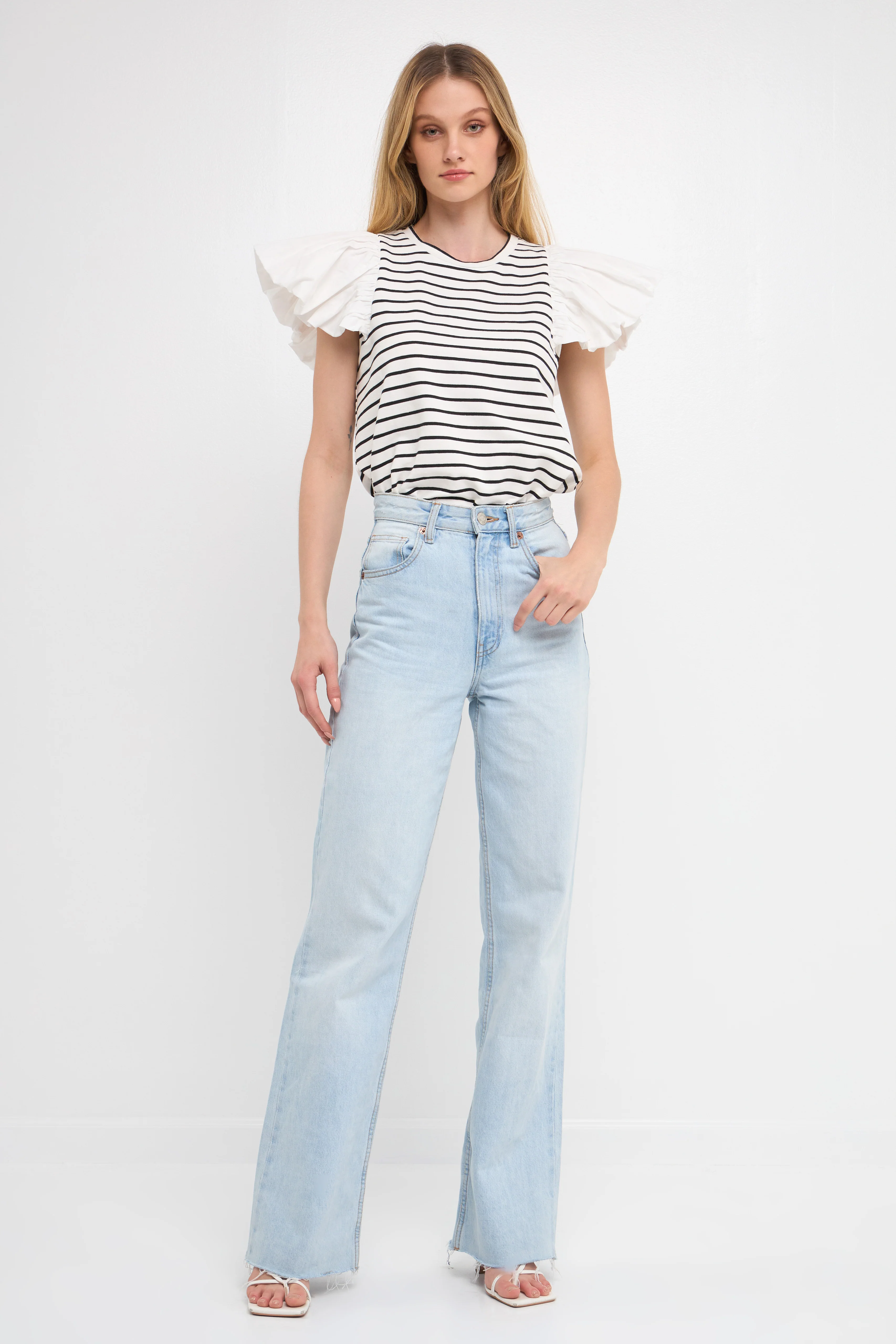 Stripe Knit with Poplin Puff Sleeve Top - Image 11