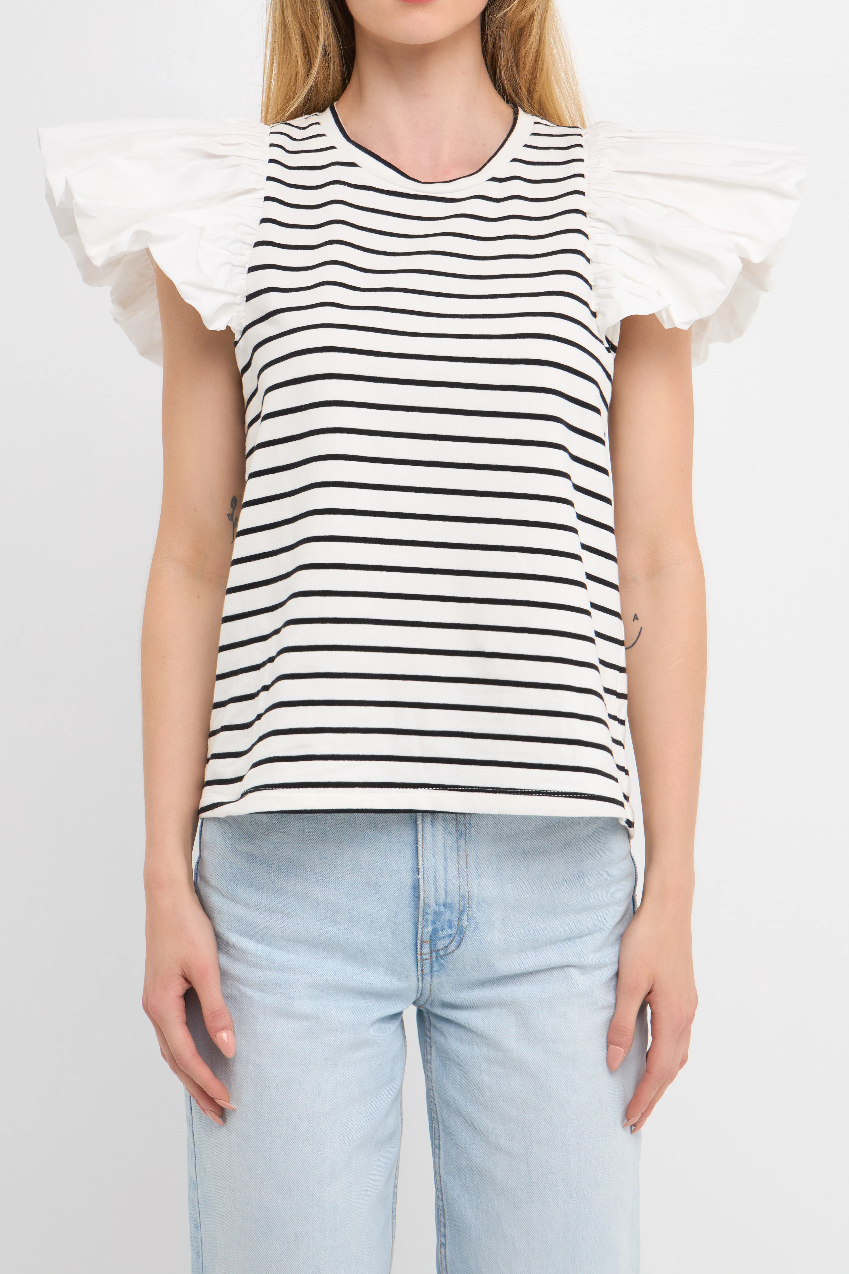 Stripe Knit with Poplin Puff Sleeve Top - Image 12