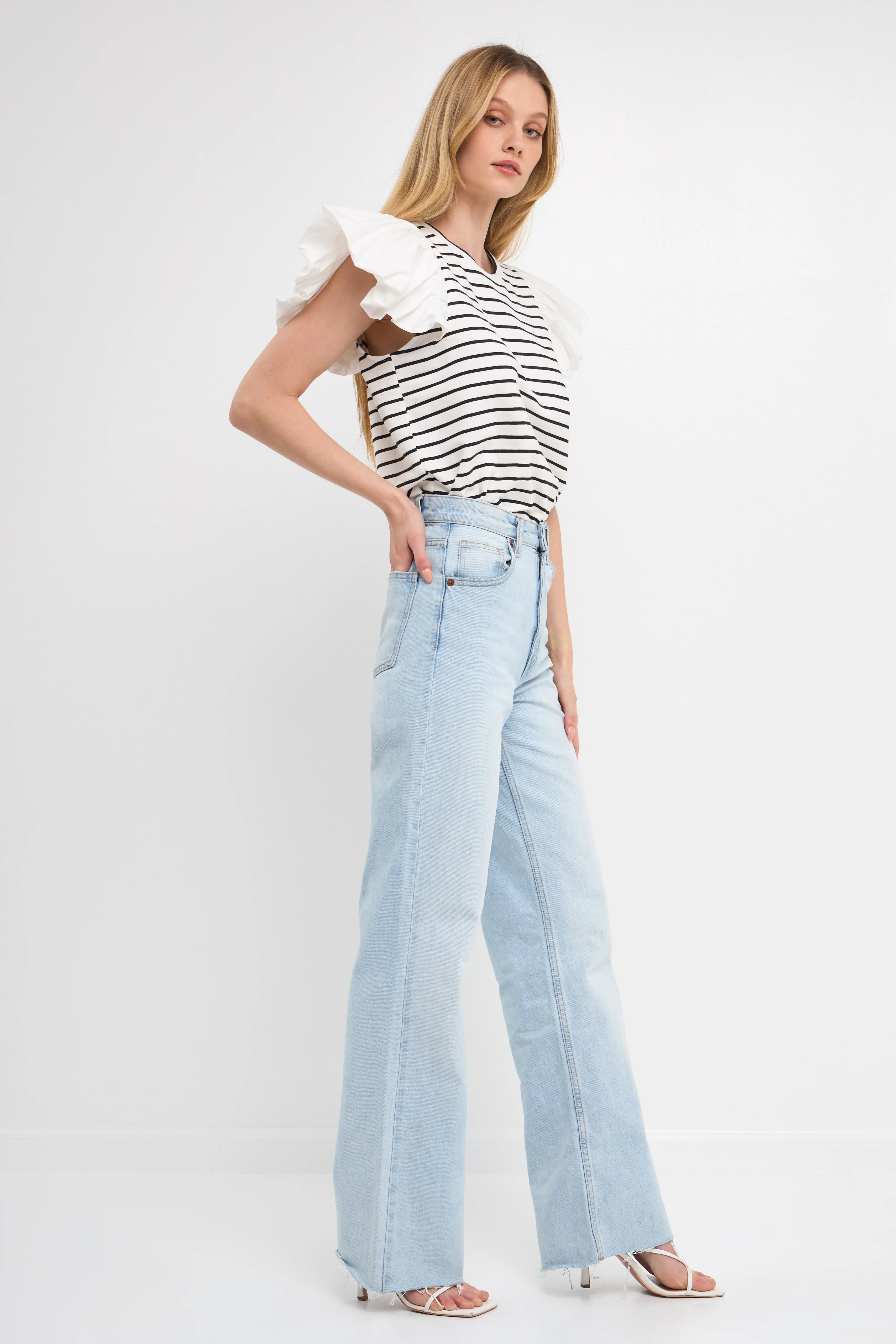 Stripe Knit with Poplin Puff Sleeve Top - Image 13