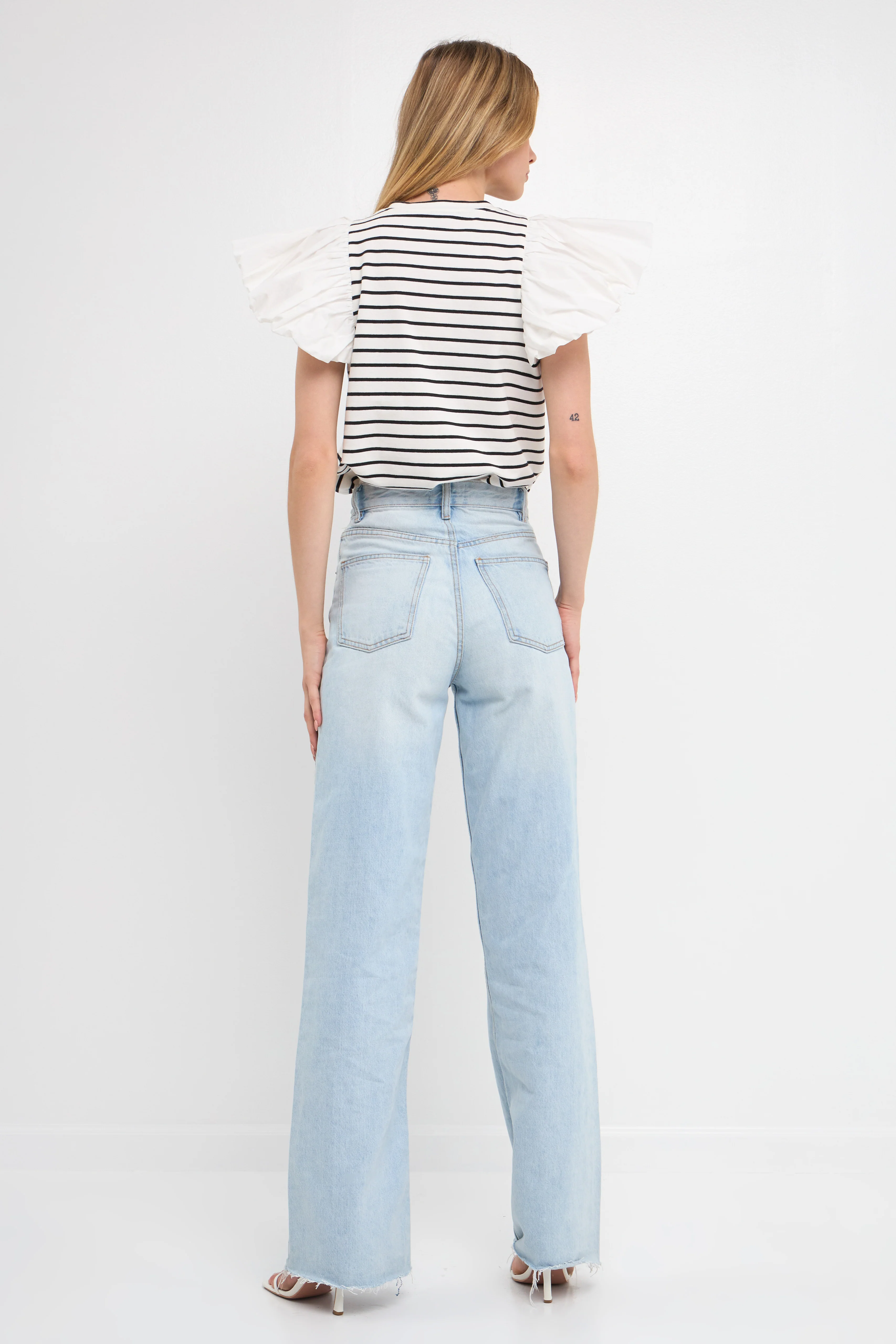 Stripe Knit with Poplin Puff Sleeve Top - Image 14