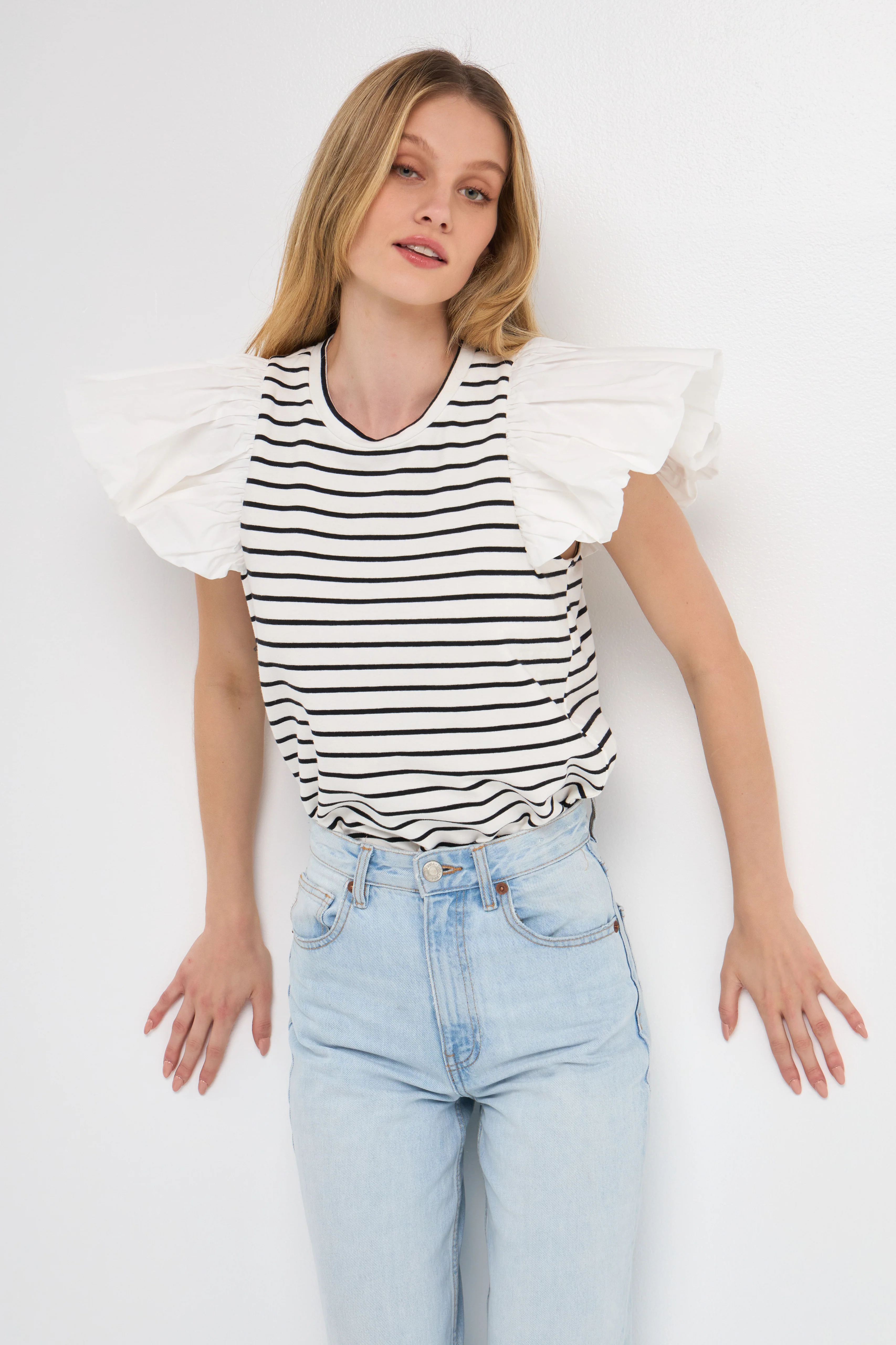 Stripe Knit with Poplin Puff Sleeve Top - Image 15