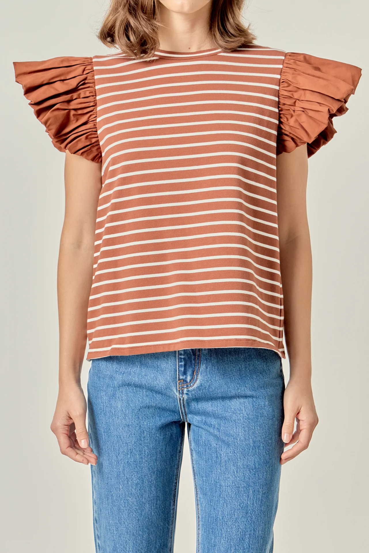Stripe Knit with Poplin Puff Sleeve Top - Image 2