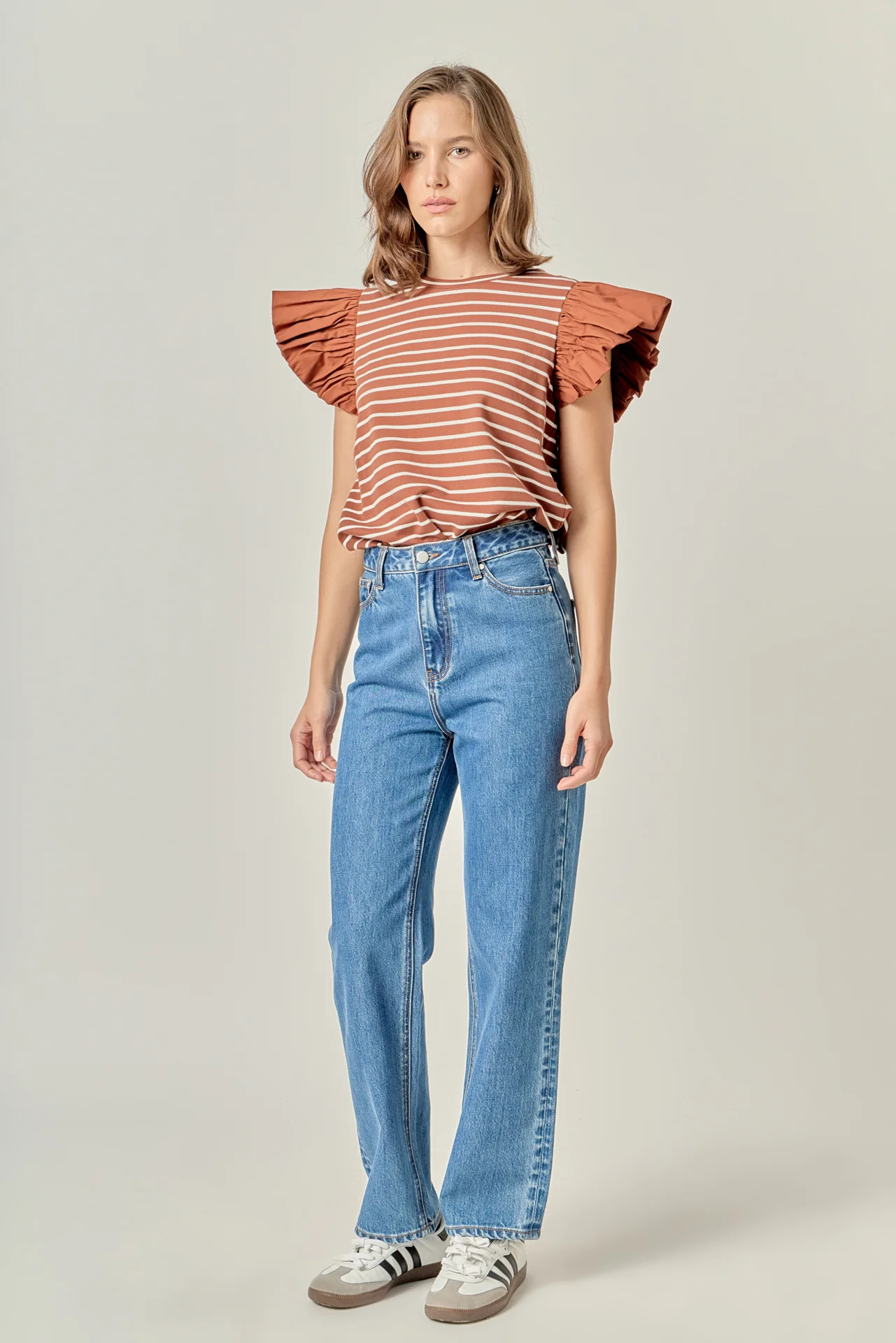 Stripe Knit with Poplin Puff Sleeve Top - Image 3