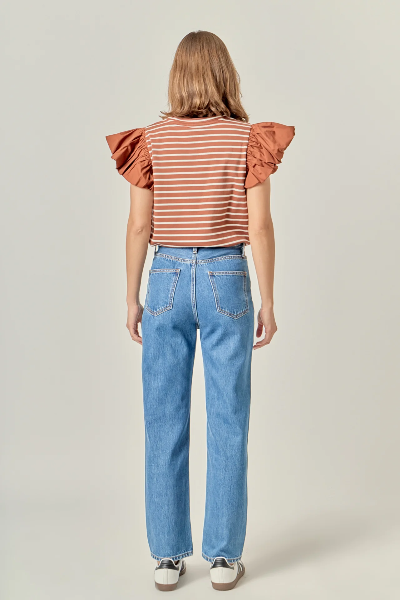 Stripe Knit with Poplin Puff Sleeve Top - Image 4