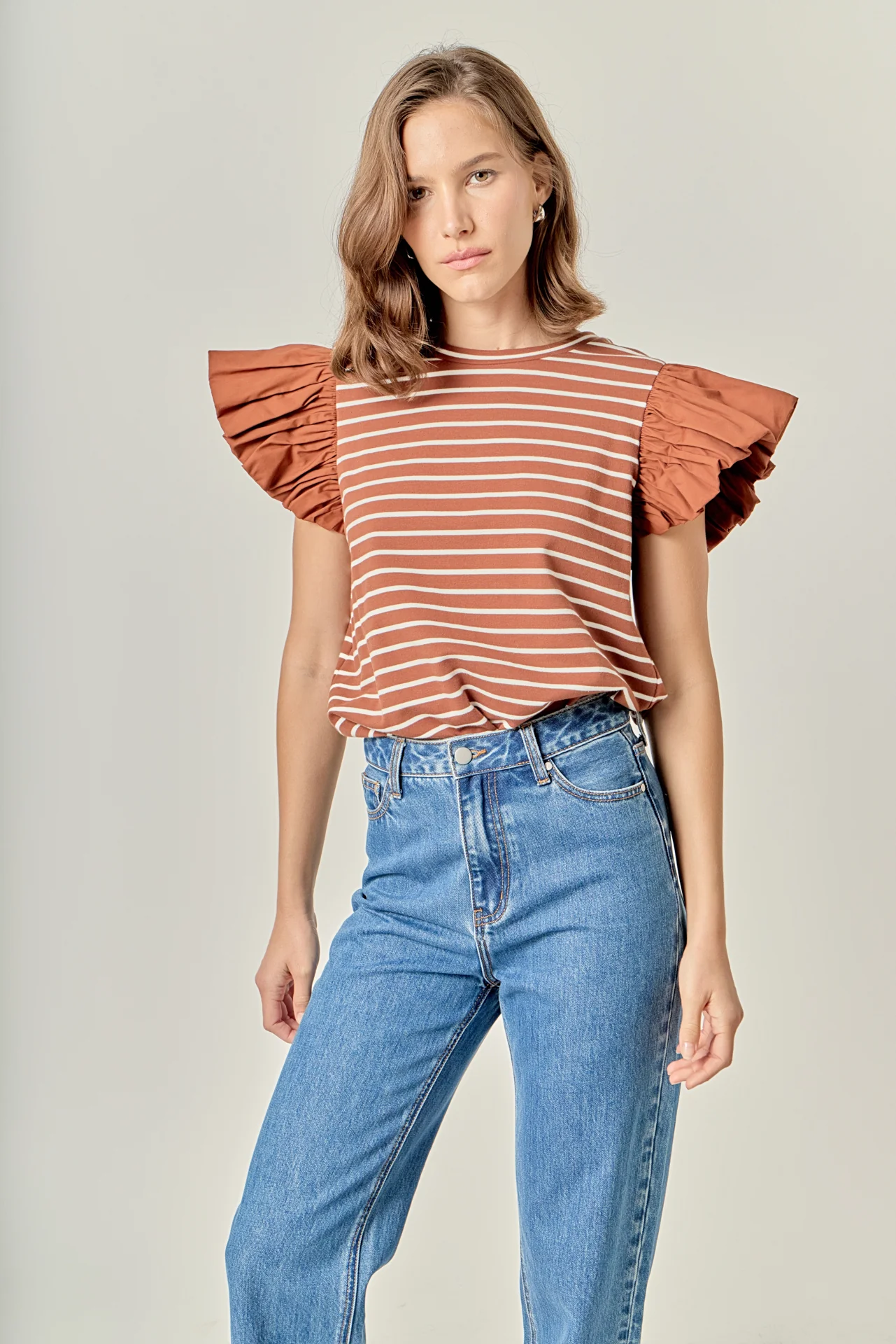 Stripe Knit with Poplin Puff Sleeve Top - Image 5
