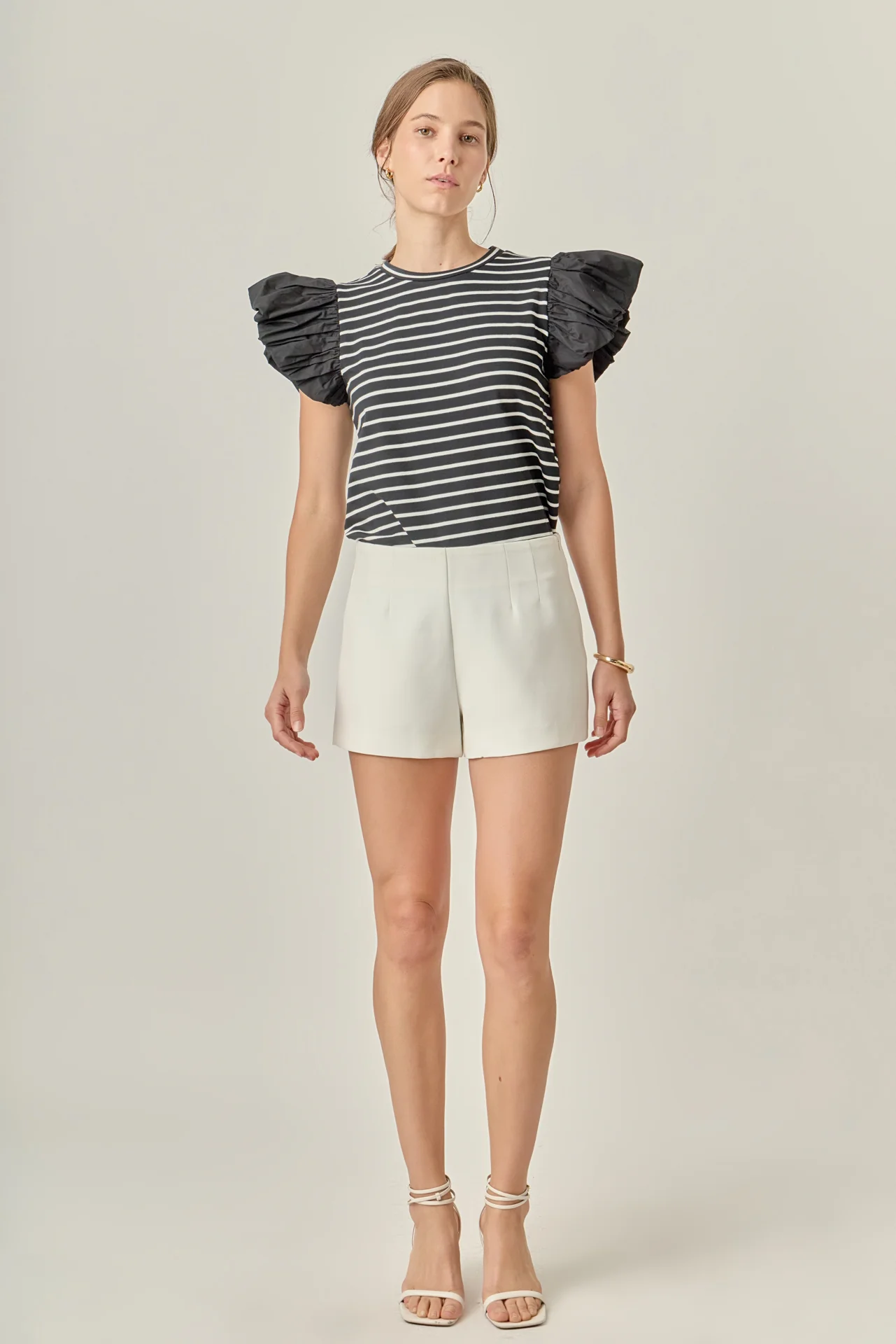 Stripe Knit with Poplin Puff Sleeve Top - Image 6