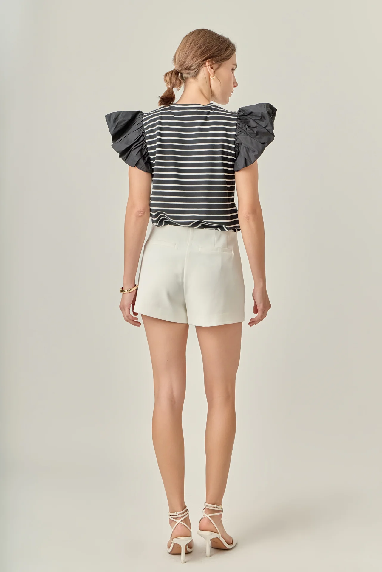 Stripe Knit with Poplin Puff Sleeve Top - Image 9
