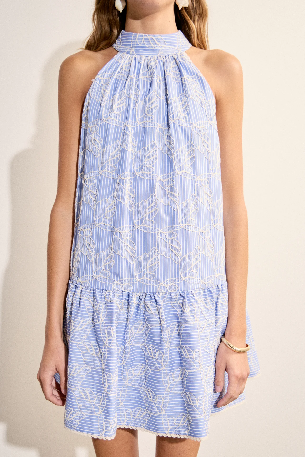 Striped Embroidered Halter Mini Dress - Image 2