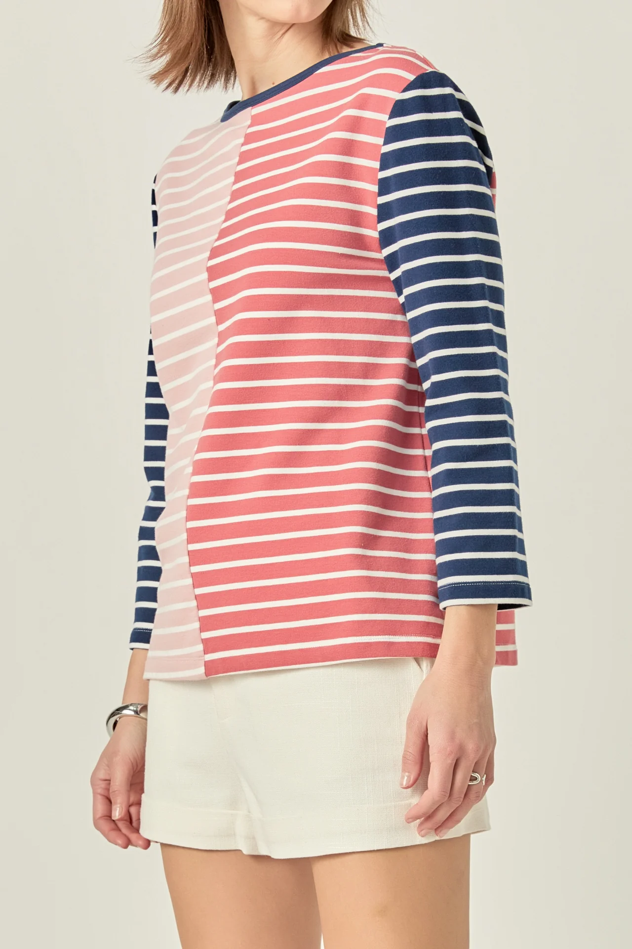 Striped Color Blocked 3/4 Length Sleeve Tee - Image 2