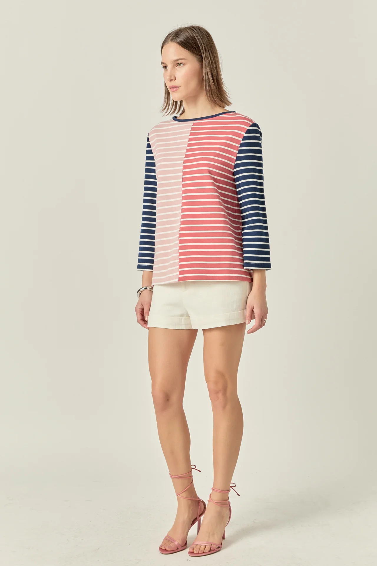Striped Color Blocked 3/4 Length Sleeve Tee - Image 3