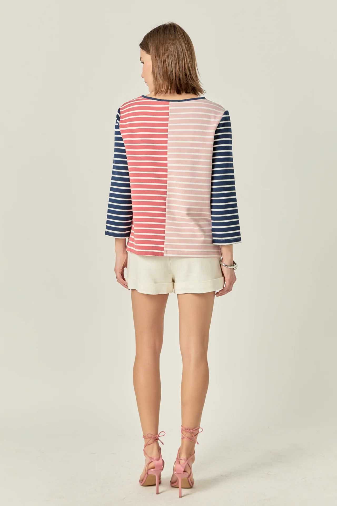Striped Color Blocked 3/4 Length Sleeve Tee - Image 4