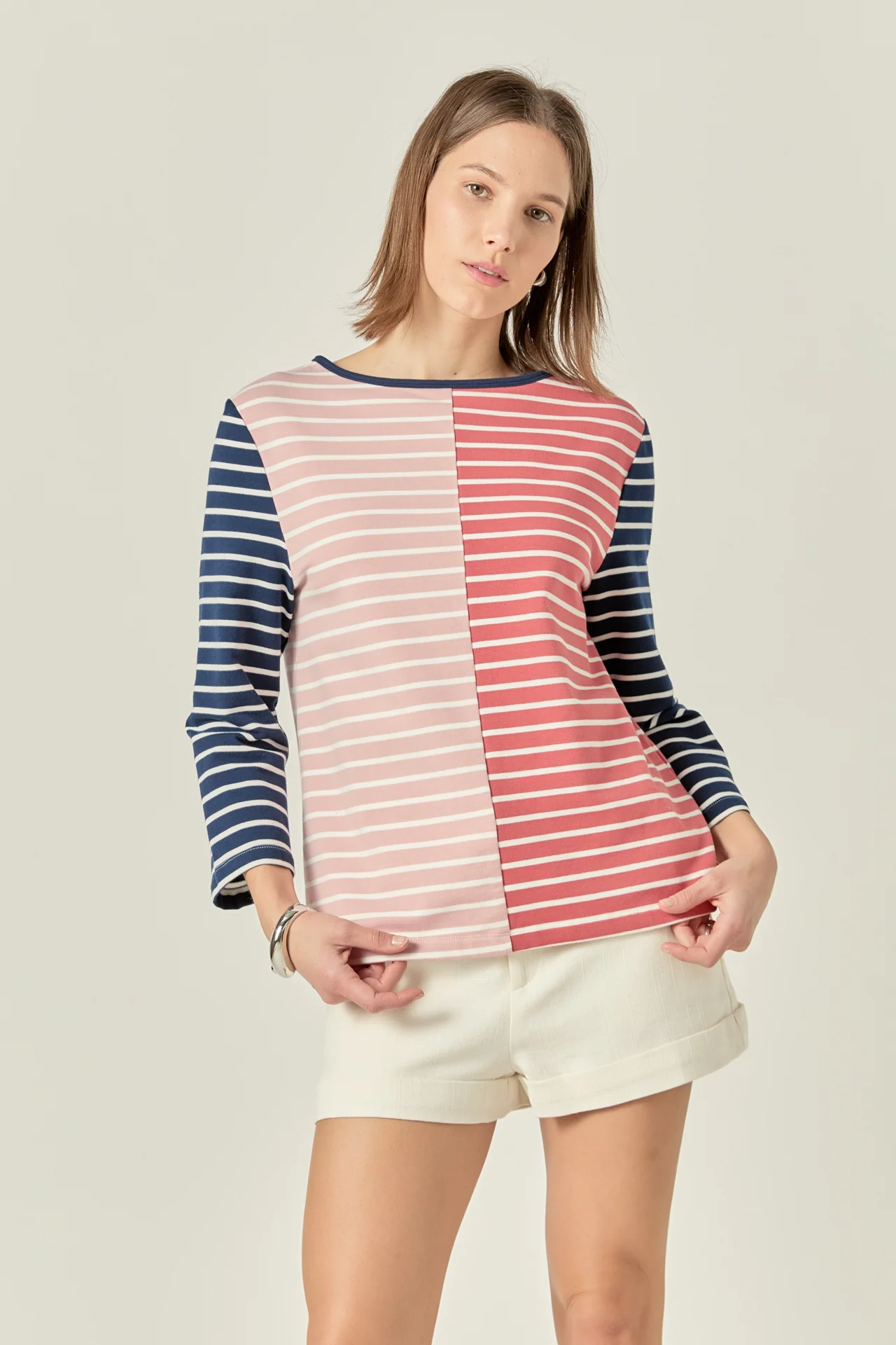 Striped Color Blocked 3/4 Length Sleeve Tee - Image 5
