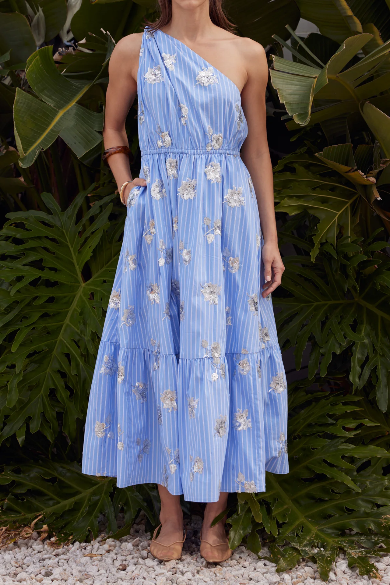 One-Shoulder Sequin Stripe Midi Dress - Image 2