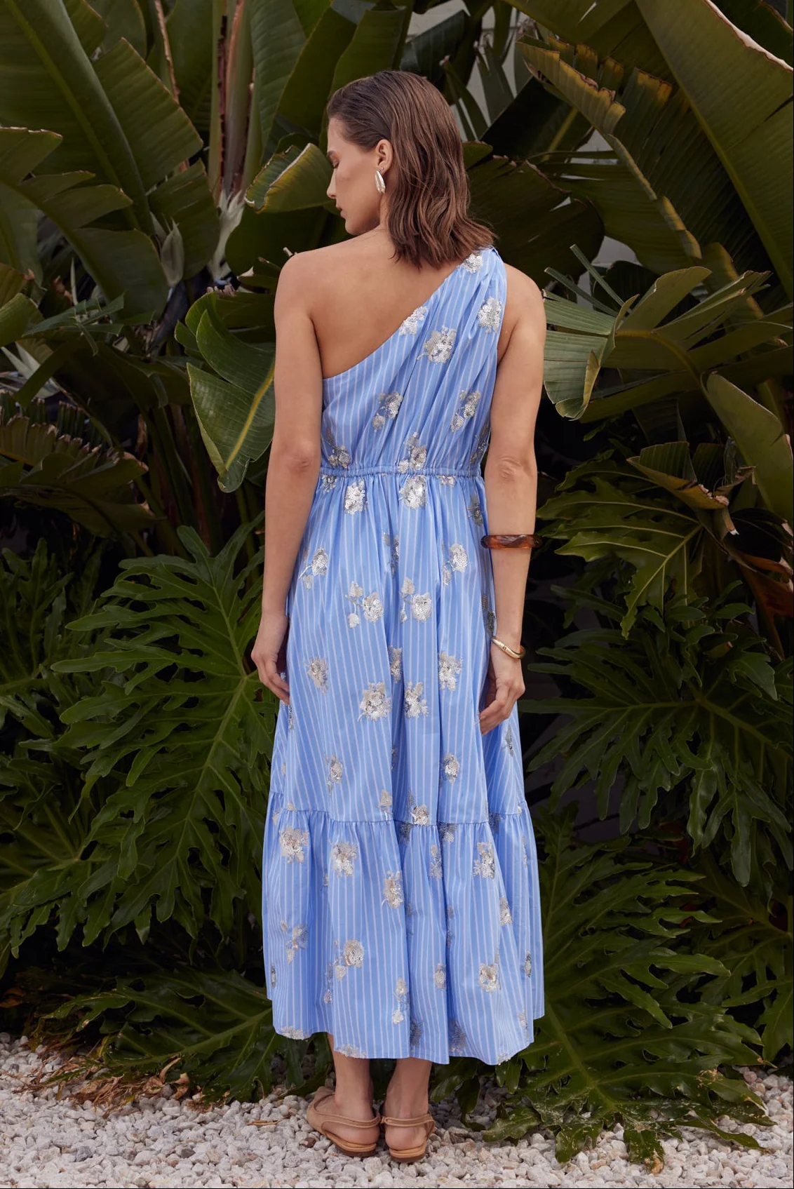 One-Shoulder Sequin Stripe Midi Dress - Image 4