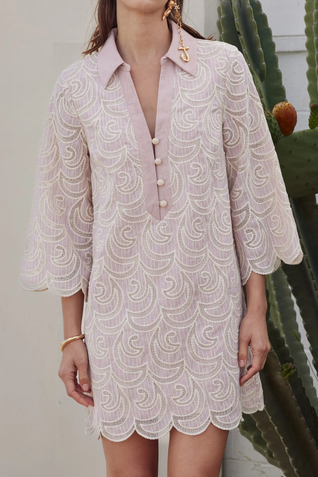 Striped Embroidered Scallop Hem Shirt Mini Dress - Image 2