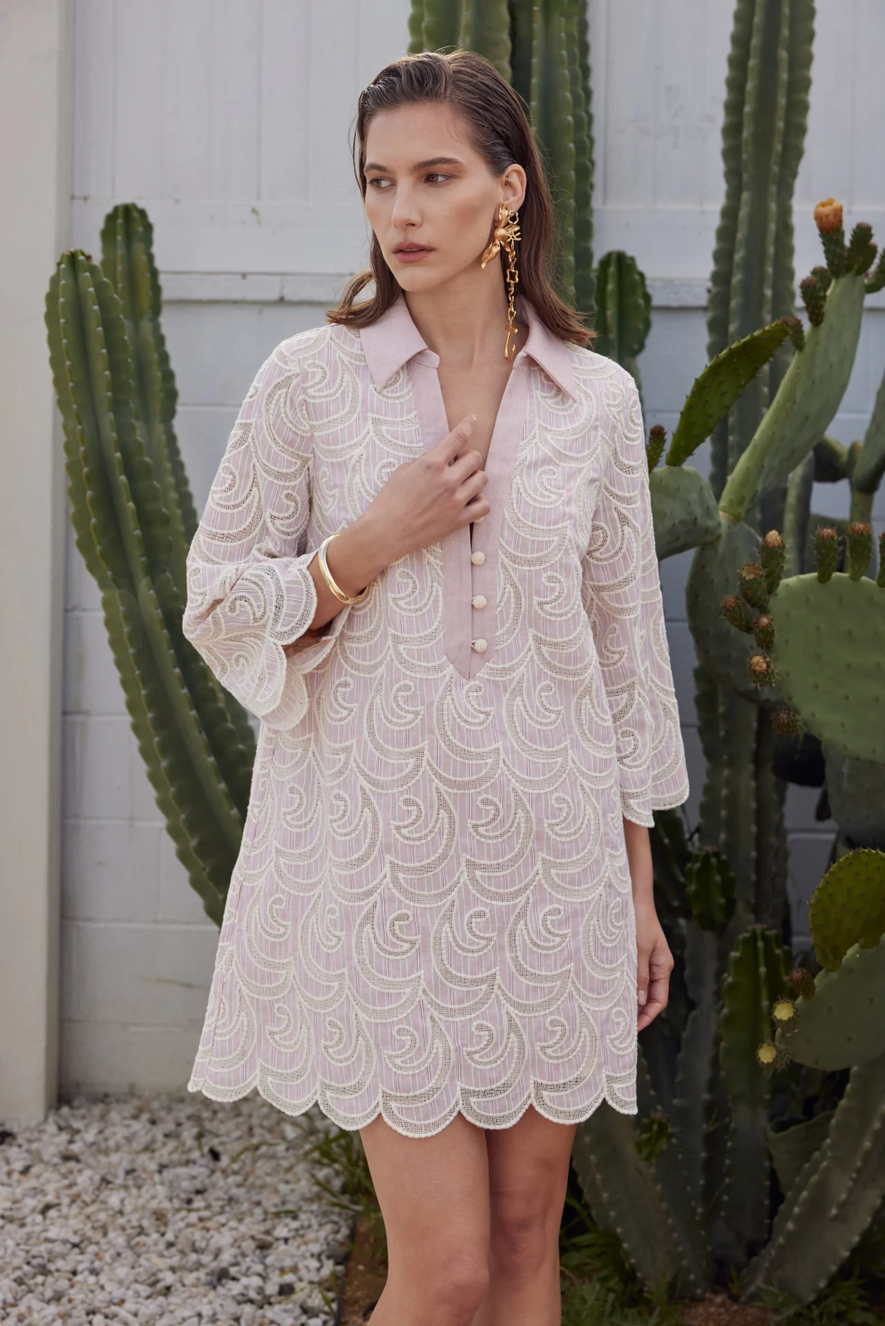 Striped Embroidered Scallop Hem Shirt Mini Dress - Image 5
