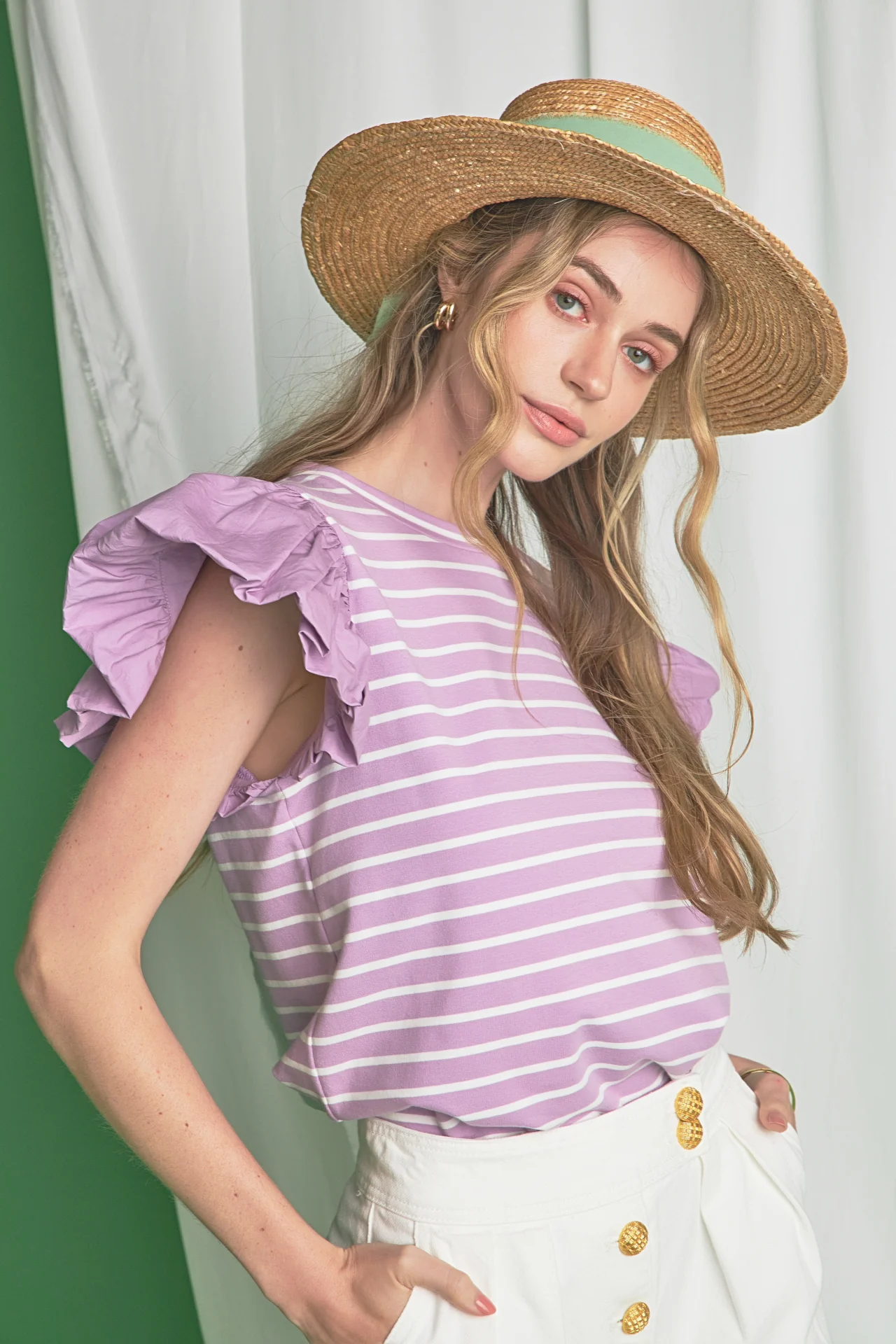 Striped Knit with Poplin Puff Sleeve Top - Image 10
