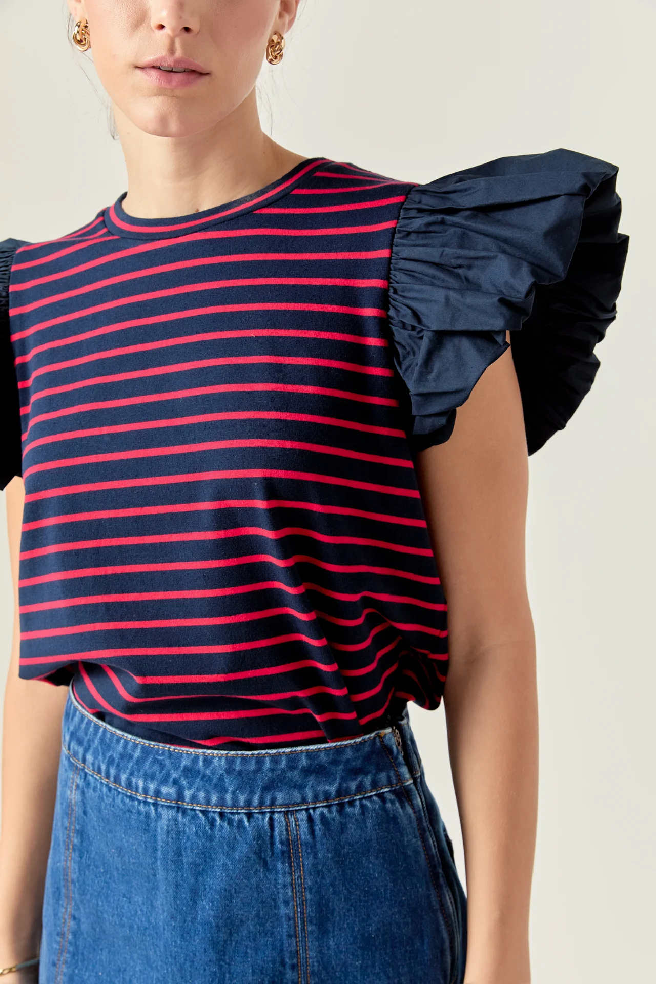 Striped Knit with Poplin Puff Sleeve Top - Image 12