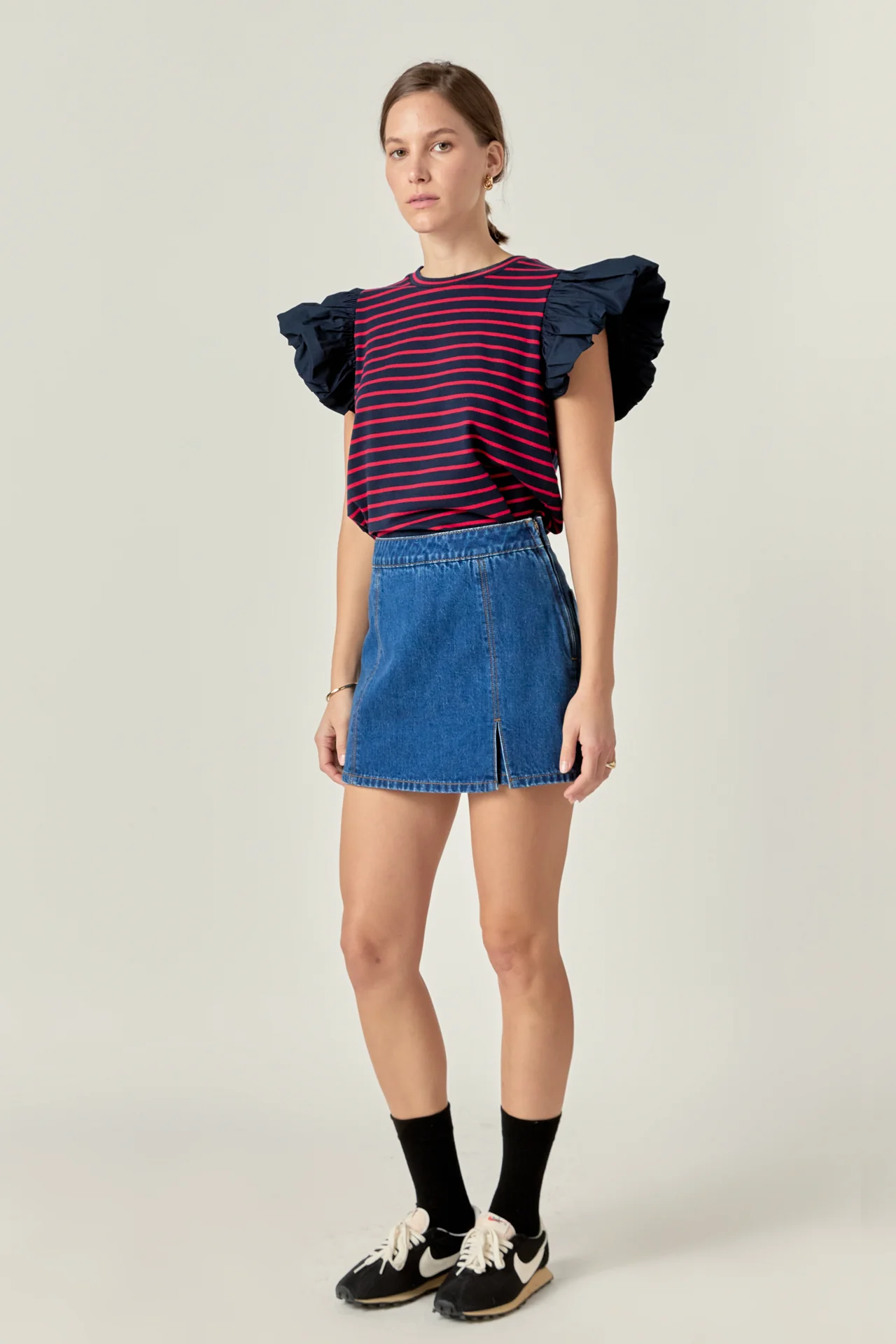 Striped Knit with Poplin Puff Sleeve Top - Image 13