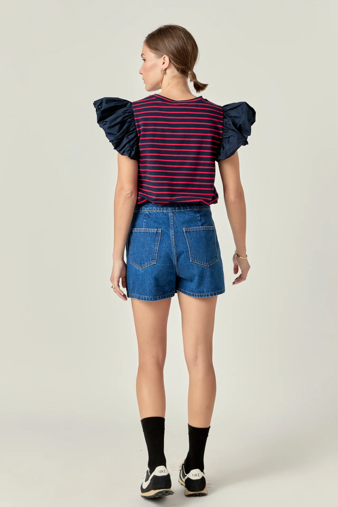 Striped Knit with Poplin Puff Sleeve Top - Image 14