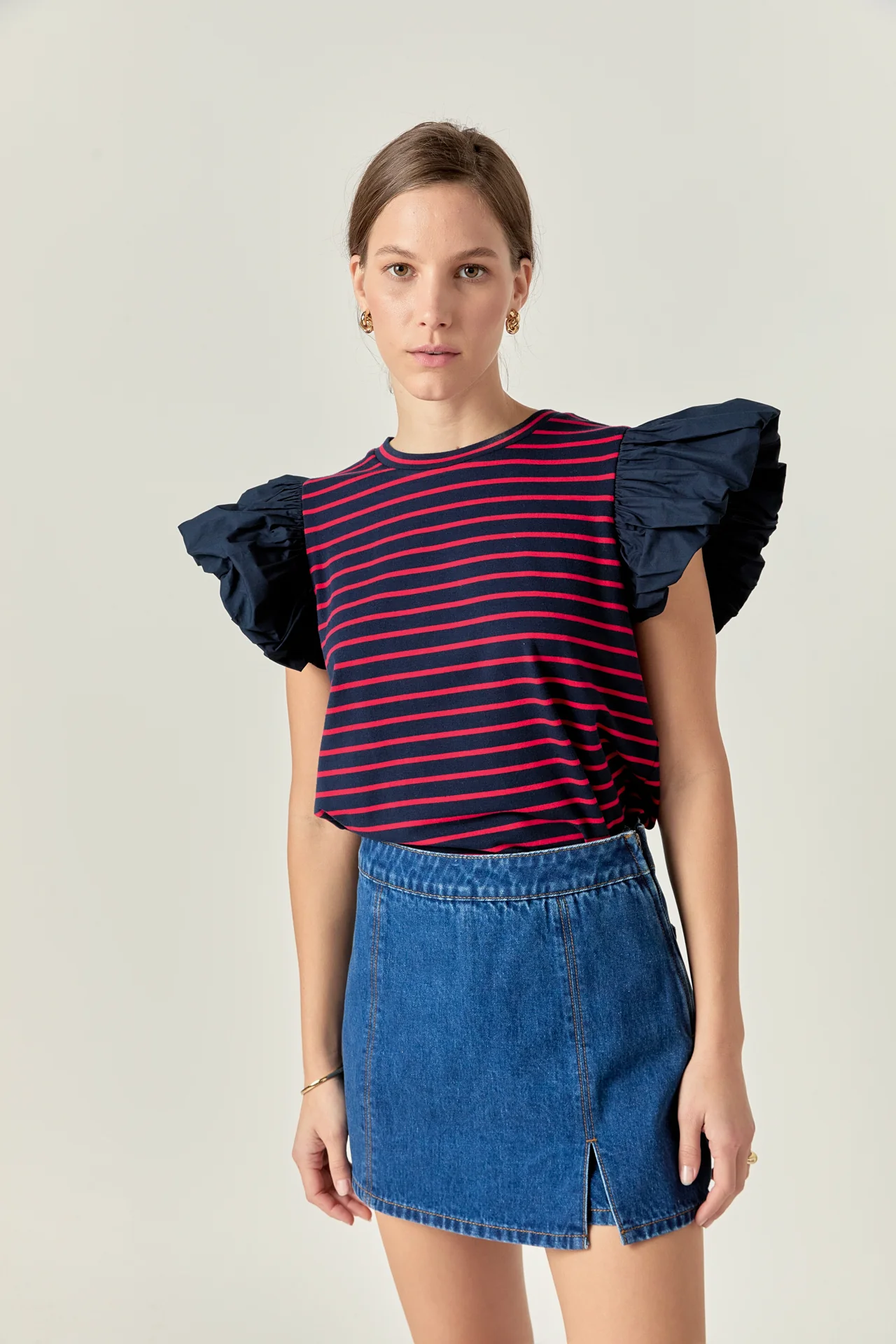 Striped Knit with Poplin Puff Sleeve Top - Image 15