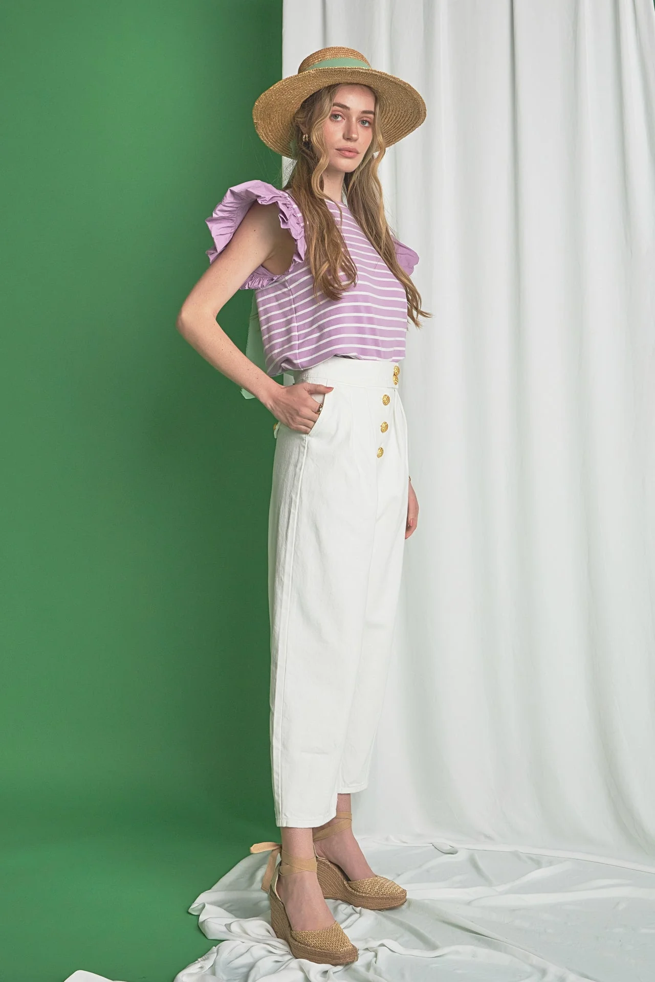 Striped Knit with Poplin Puff Sleeve Top - Image 18
