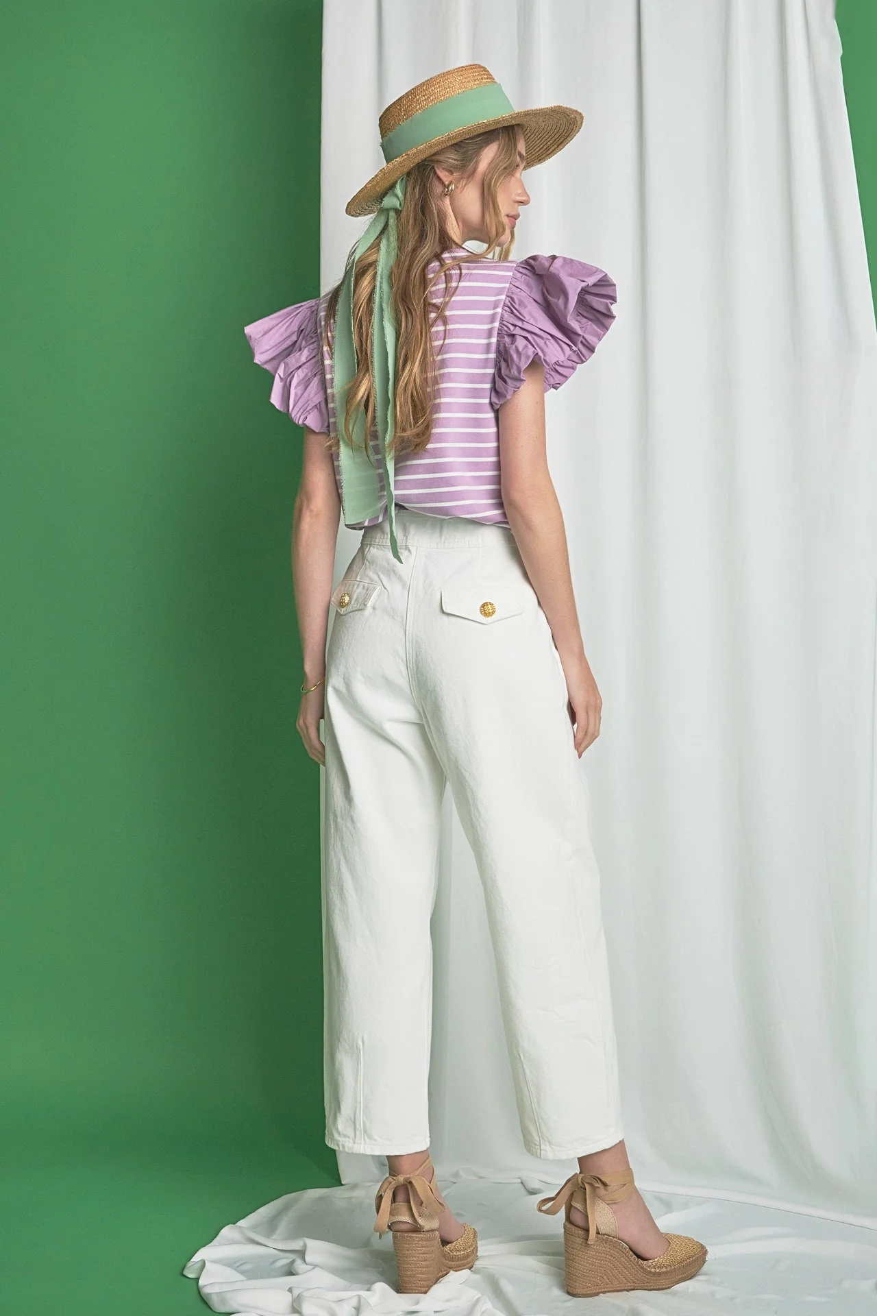 Striped Knit with Poplin Puff Sleeve Top - Image 19