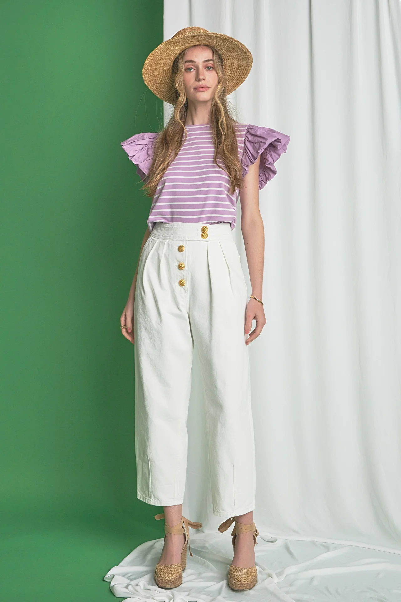 Striped Knit with Poplin Puff Sleeve Top - Image 6