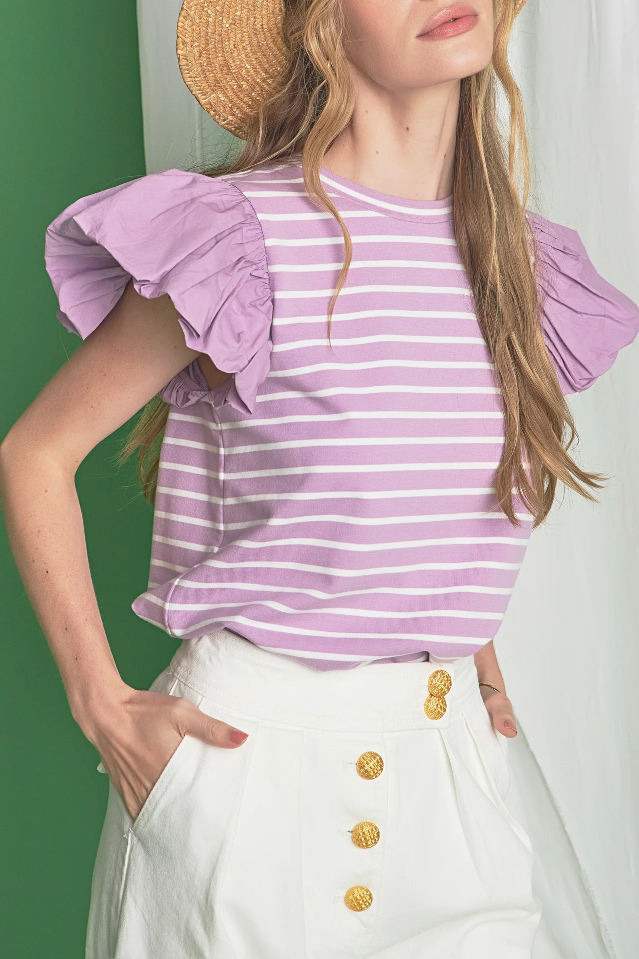 Striped Knit with Poplin Puff Sleeve Top - Image 7
