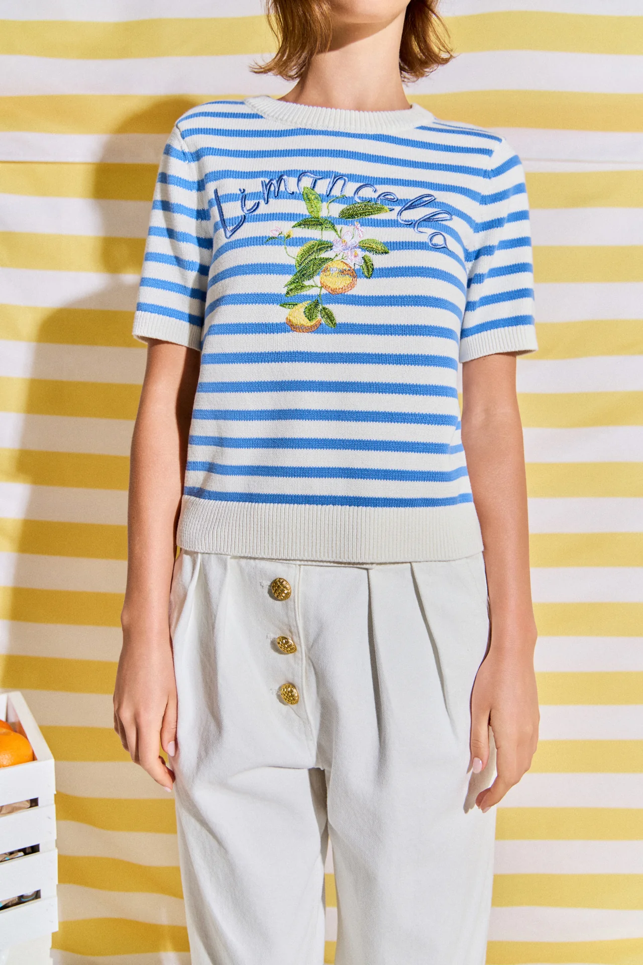 Striped Lemon Embroidered Short Sleeve Sweater - Image 2