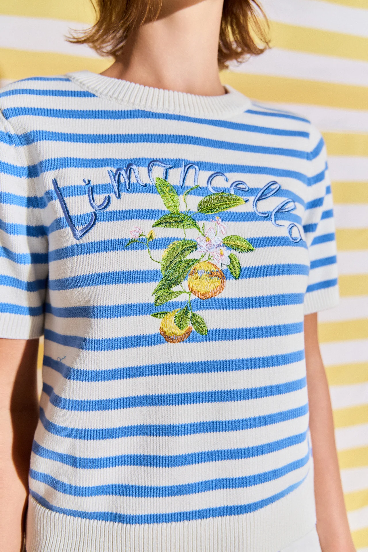 Striped Lemon Embroidered Short Sleeve Sweater - Image 3