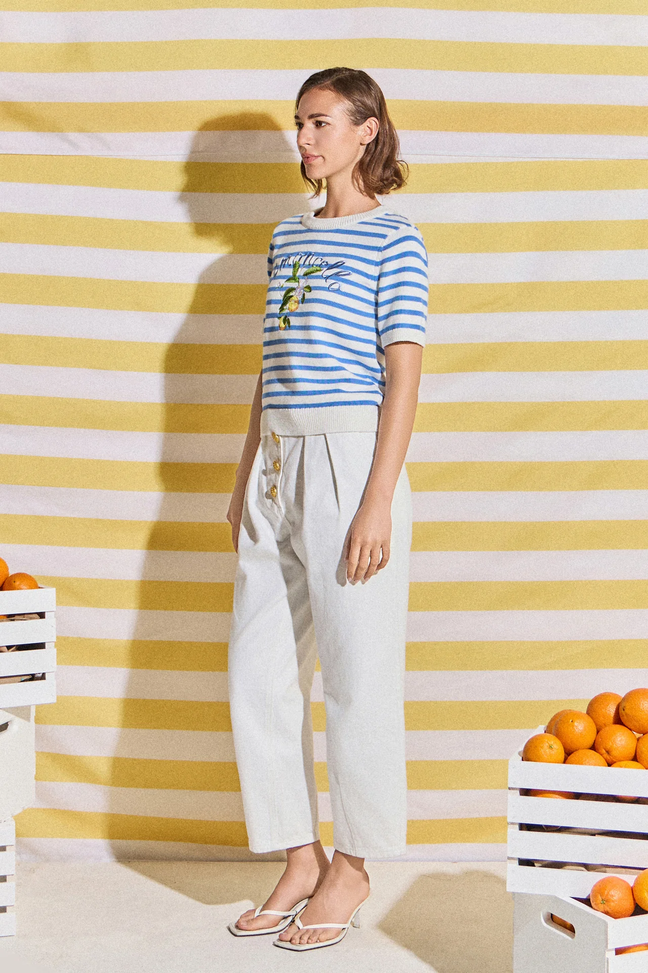 Striped Lemon Embroidered Short Sleeve Sweater - Image 4