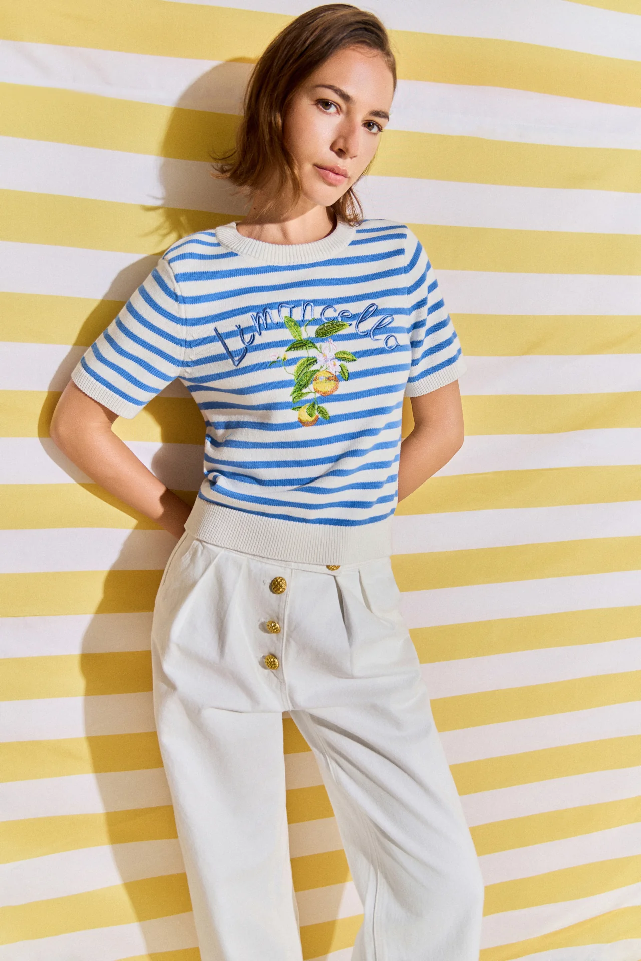 Striped Lemon Embroidered Short Sleeve Sweater - Image 6