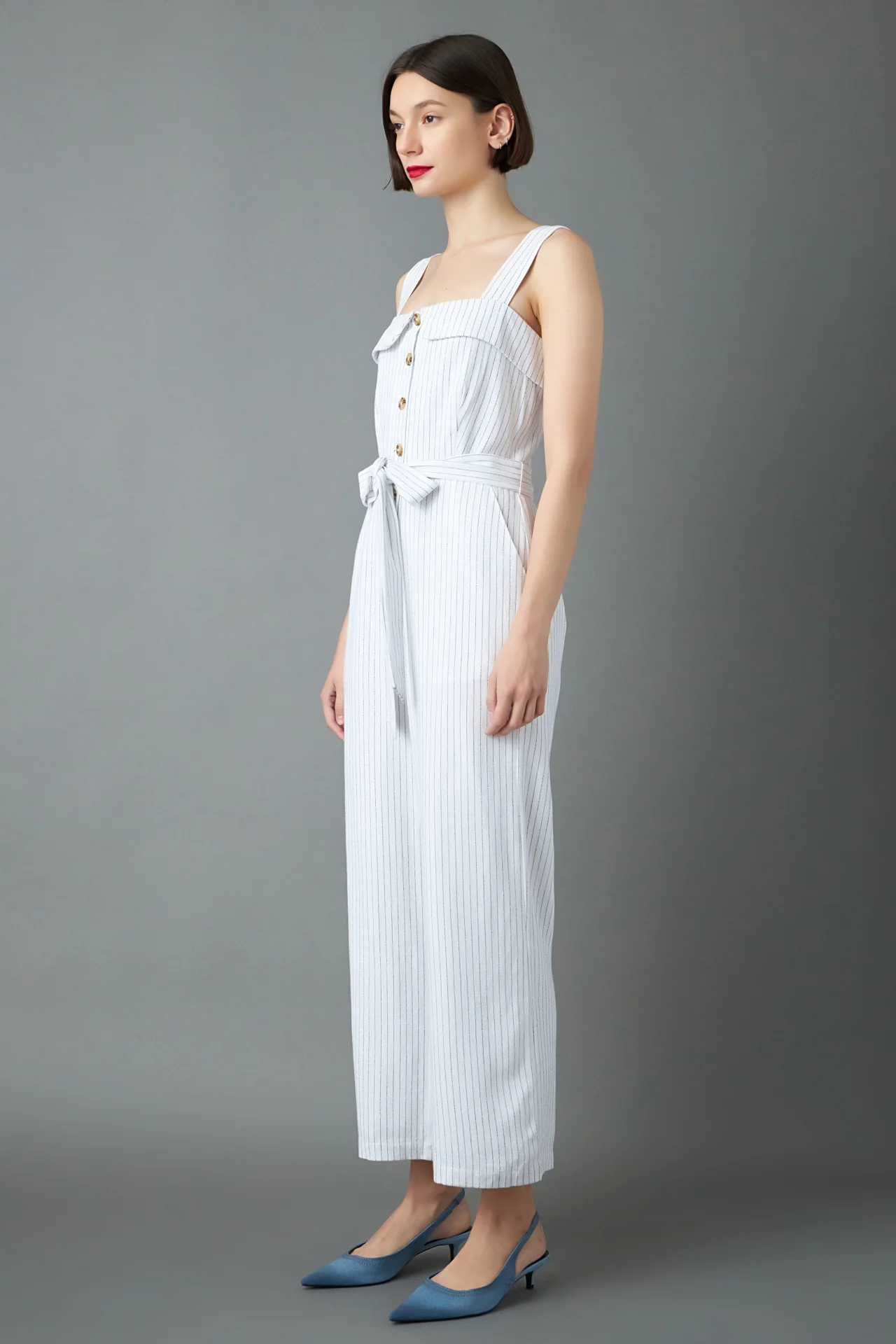 Striped Linen Jumpsuit with Wooden Buttons - Image 3