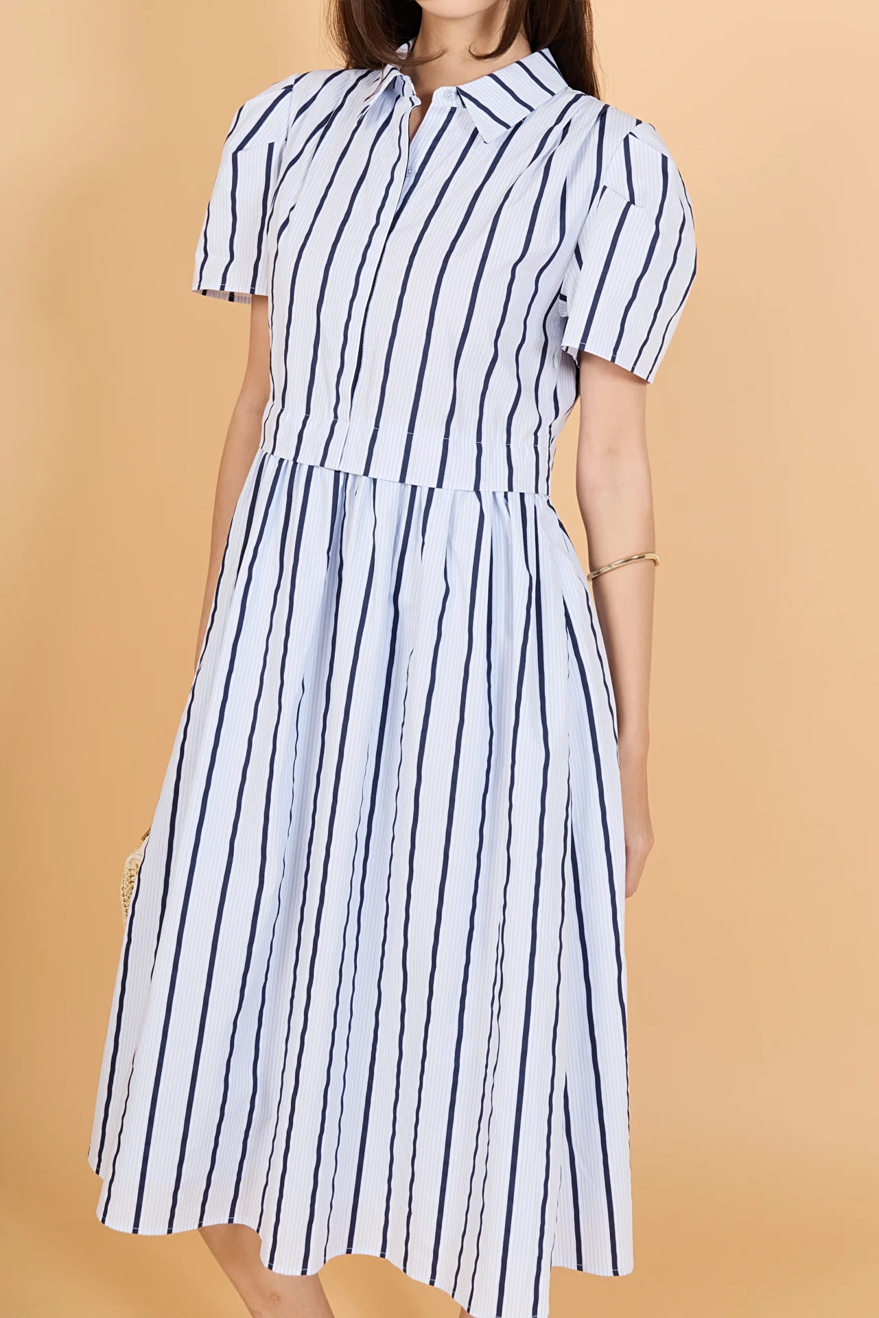 Striped Pleated Shoulder Shirt Midi Dress - Image 2